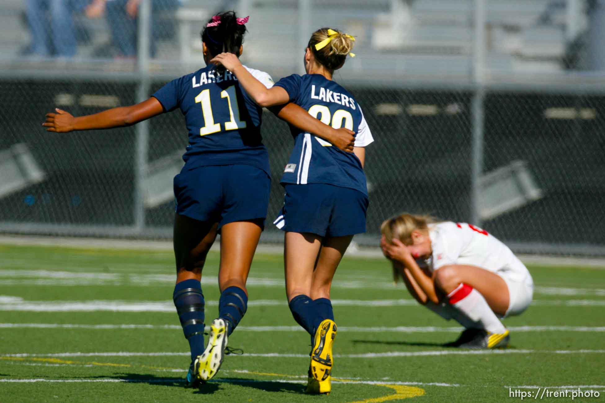 Trent Nelson  |  The Salt Lake Tribune
Bonneville's Allie Shaw (left) and Valerie Buckway celebrate as Bonneville defeats East high school 1-0, 4A girls' soccer state championships semifinals at Juan Diego High School Tuesday, October 19, 2010. At right is East's Audrey Gibb.