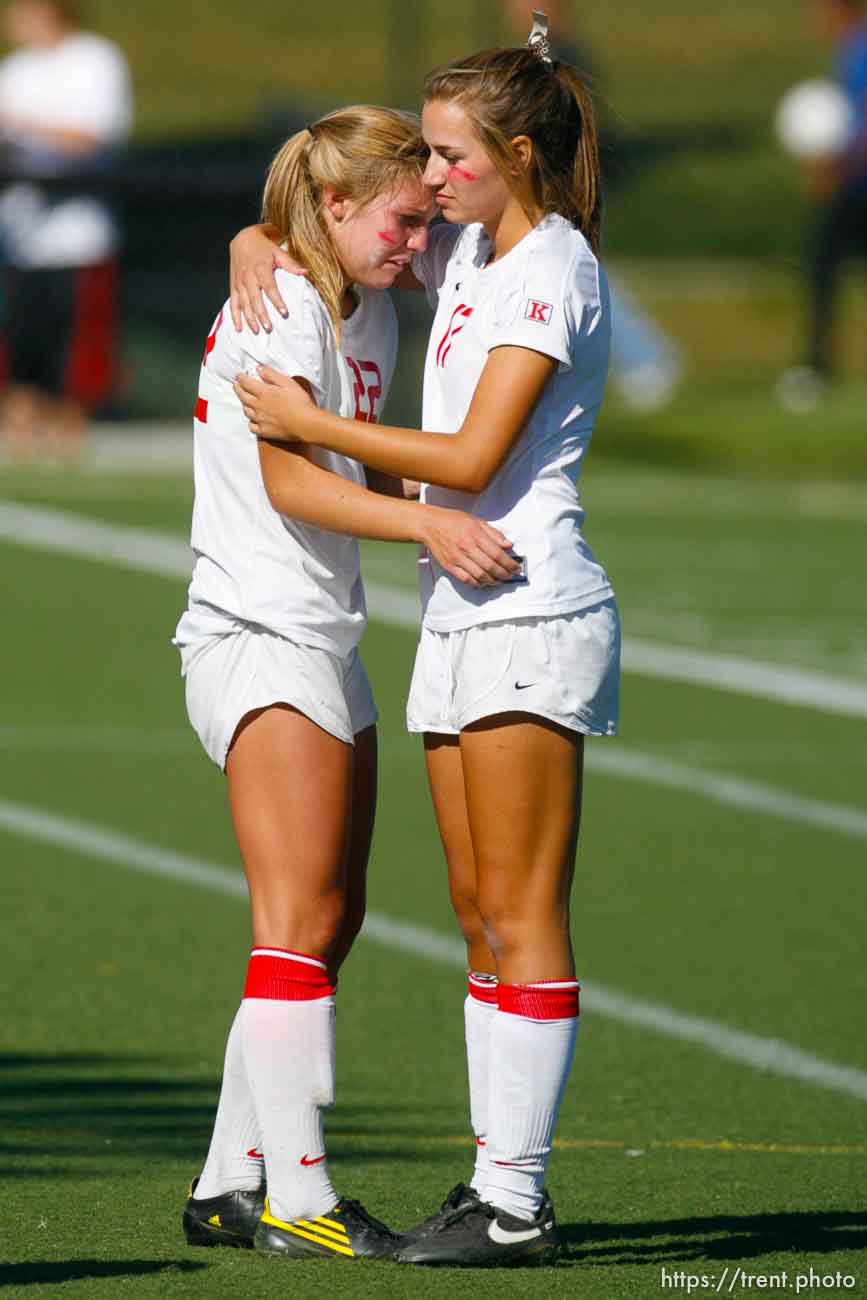 Trent Nelson  |  The Salt Lake Tribune
East's Audrey Gibb (left) and Sarah Mecham after Bonneville defeated East high school 1-0, 4A girls' soccer state championships semifinals at Juan Diego High School Tuesday, October 19, 2010