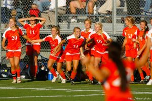 Trent Nelson  |  The Salt Lake Tribune
Brighton players run onto the field after defeating Davis high school 3-0 at the 5A girls' soccer state championships semifinals at Juan Diego High School Tuesday, October 19, 2010. Brighton's Stephanie Verdoia (24)