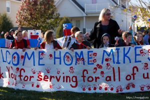 Trent Nelson  |  The Salt Lake Tribune
SFC Mike Jones, Utah National Guard, was welcomed home to Eagle Mountain by family, friends and neighbors who lined the streets of Eagle Mountain Friday, November 12, 2010. On his fourth deployment, Jones was injured in Afghanistan in September.