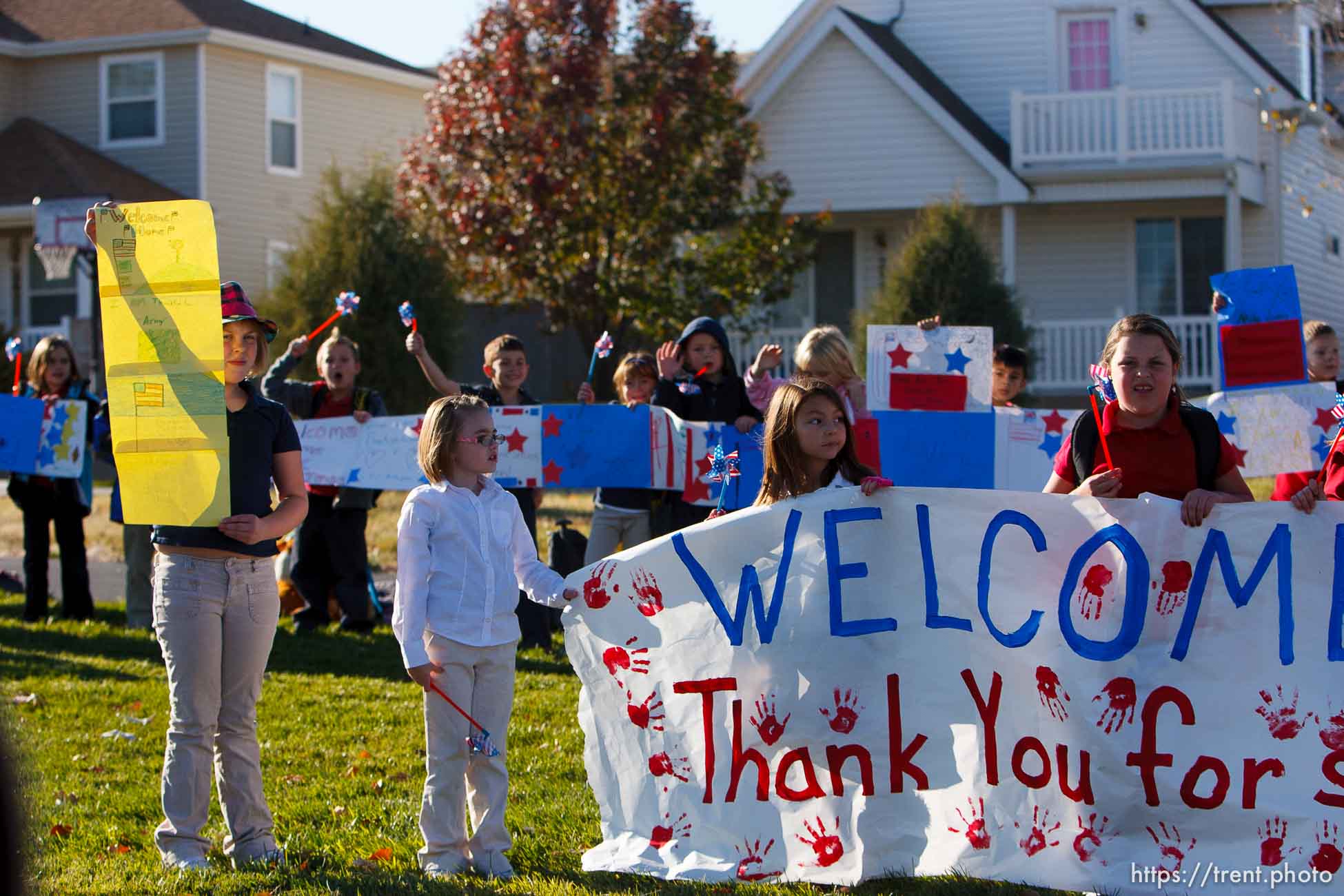 Trent Nelson  |  The Salt Lake Tribune
SFC Mike Jones, Utah National Guard, was welcomed home to Eagle Mountain by family, friends and neighbors who lined the streets of Eagle Mountain Friday, November 12, 2010. On his fourth deployment, Jones was injured in Afghanistan in September.