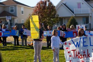 Trent Nelson  |  The Salt Lake Tribune
SFC Mike Jones, Utah National Guard, was welcomed home to Eagle Mountain by family, friends and neighbors who lined the streets of Eagle Mountain Friday, November 12, 2010. On his fourth deployment, Jones was injured in Afghanistan in September.