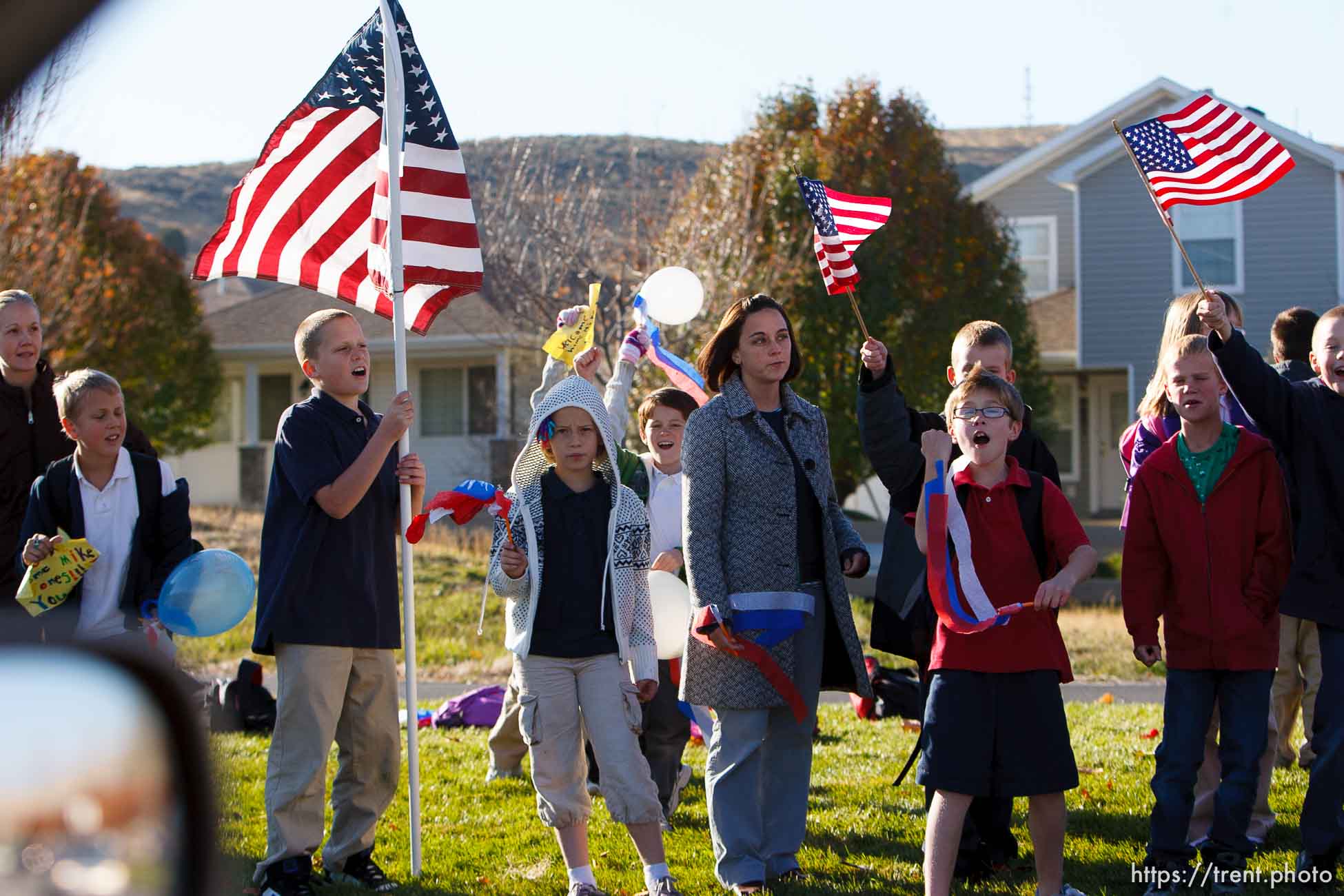 Trent Nelson  |  The Salt Lake Tribune
SFC Mike Jones, Utah National Guard, was welcomed home to Eagle Mountain by family, friends and neighbors who lined the streets of Eagle Mountain Friday, November 12, 2010. On his fourth deployment, Jones was injured in Afghanistan in September.