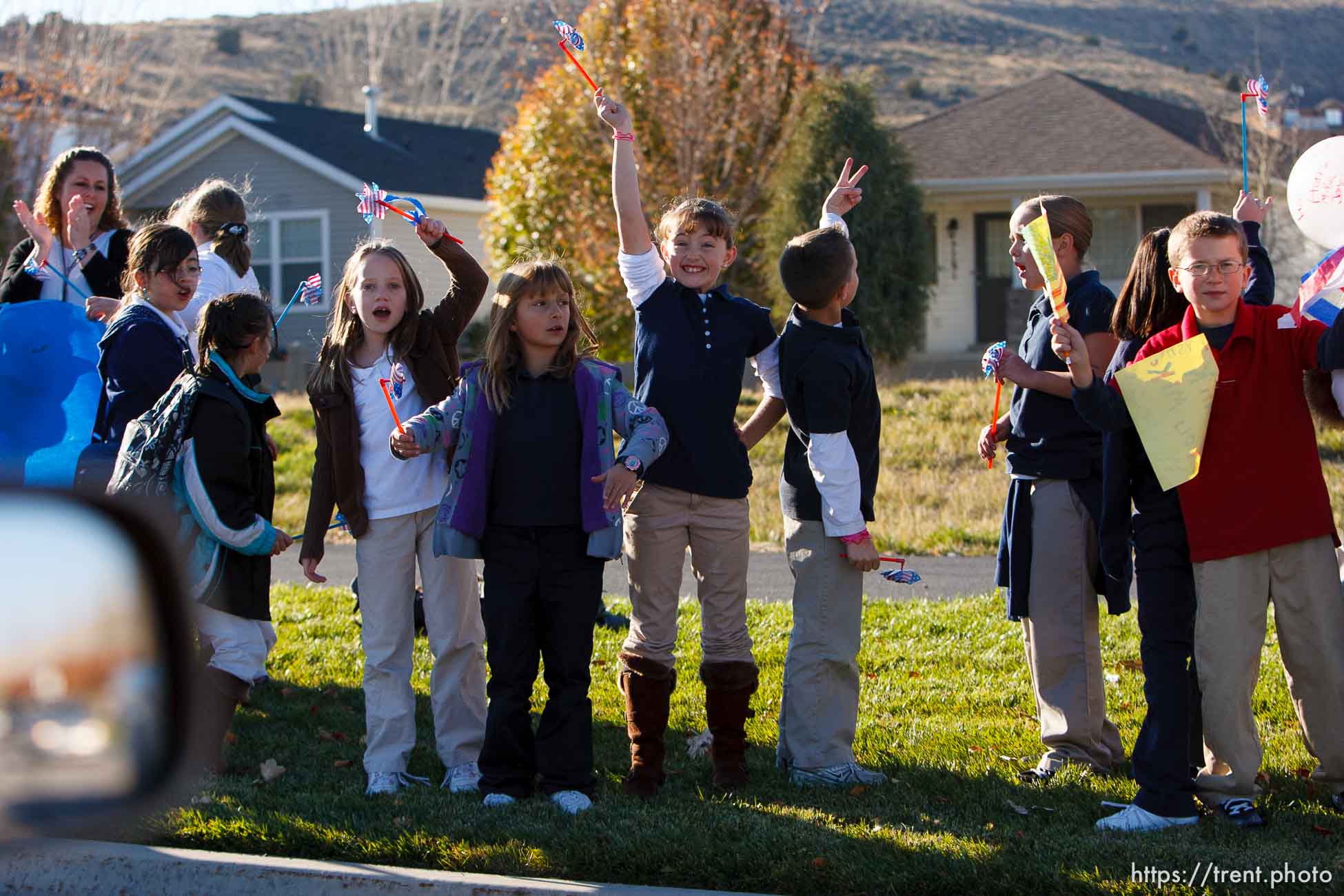 Trent Nelson  |  The Salt Lake Tribune
SFC Mike Jones, Utah National Guard, was welcomed home to Eagle Mountain by family, friends and neighbors who lined the streets of Eagle Mountain Friday, November 12, 2010. On his fourth deployment, Jones was injured in Afghanistan in September.