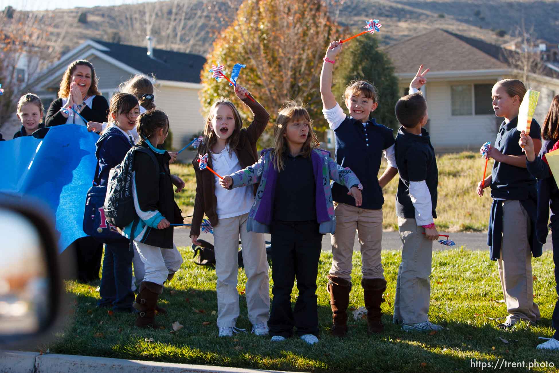 Trent Nelson  |  The Salt Lake Tribune
SFC Mike Jones, Utah National Guard, was welcomed home to Eagle Mountain by family, friends and neighbors who lined the streets of Eagle Mountain Friday, November 12, 2010. On his fourth deployment, Jones was injured in Afghanistan in September.