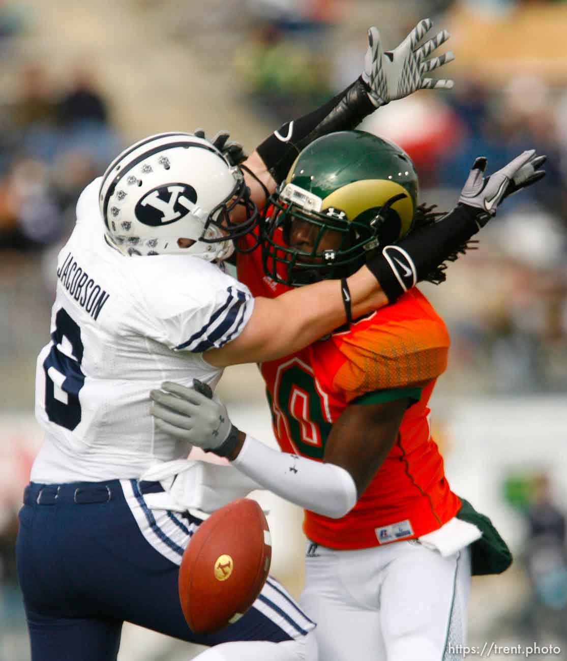 Trent Nelson  |  The Salt Lake Tribune
Colorado State's Shaq Bell was called for pass interference on BYU receiver McKay Jacobson (6), during the first half. BYU vs. Colorado State, college football, Saturday, November 13, 2010.