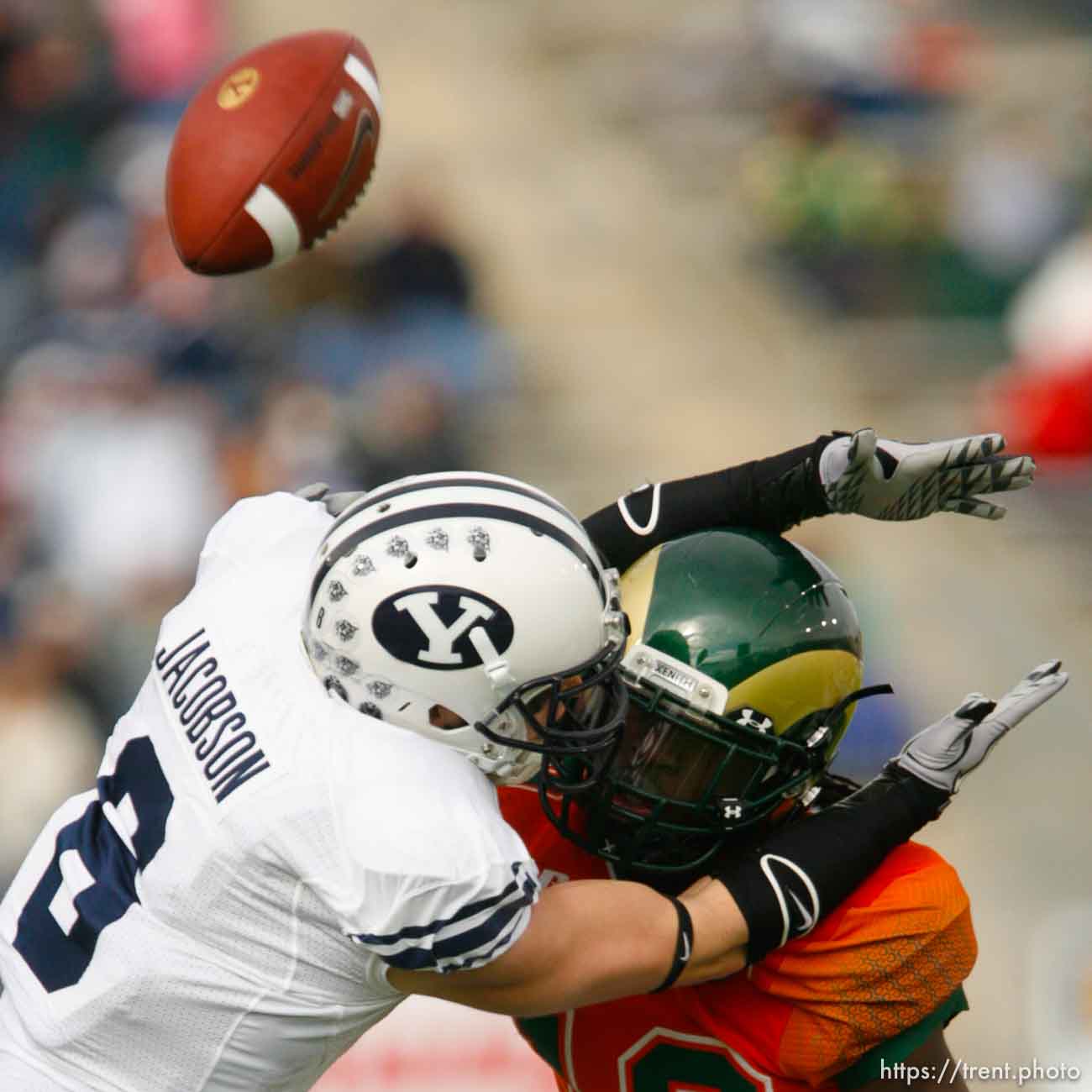 Trent Nelson  |  The Salt Lake Tribune
Colorado State's Shaq Bell was called for pass interference on BYU receiver McKay Jacobson (6), during the first half. BYU vs. Colorado State, college football, Saturday, November 13, 2010.