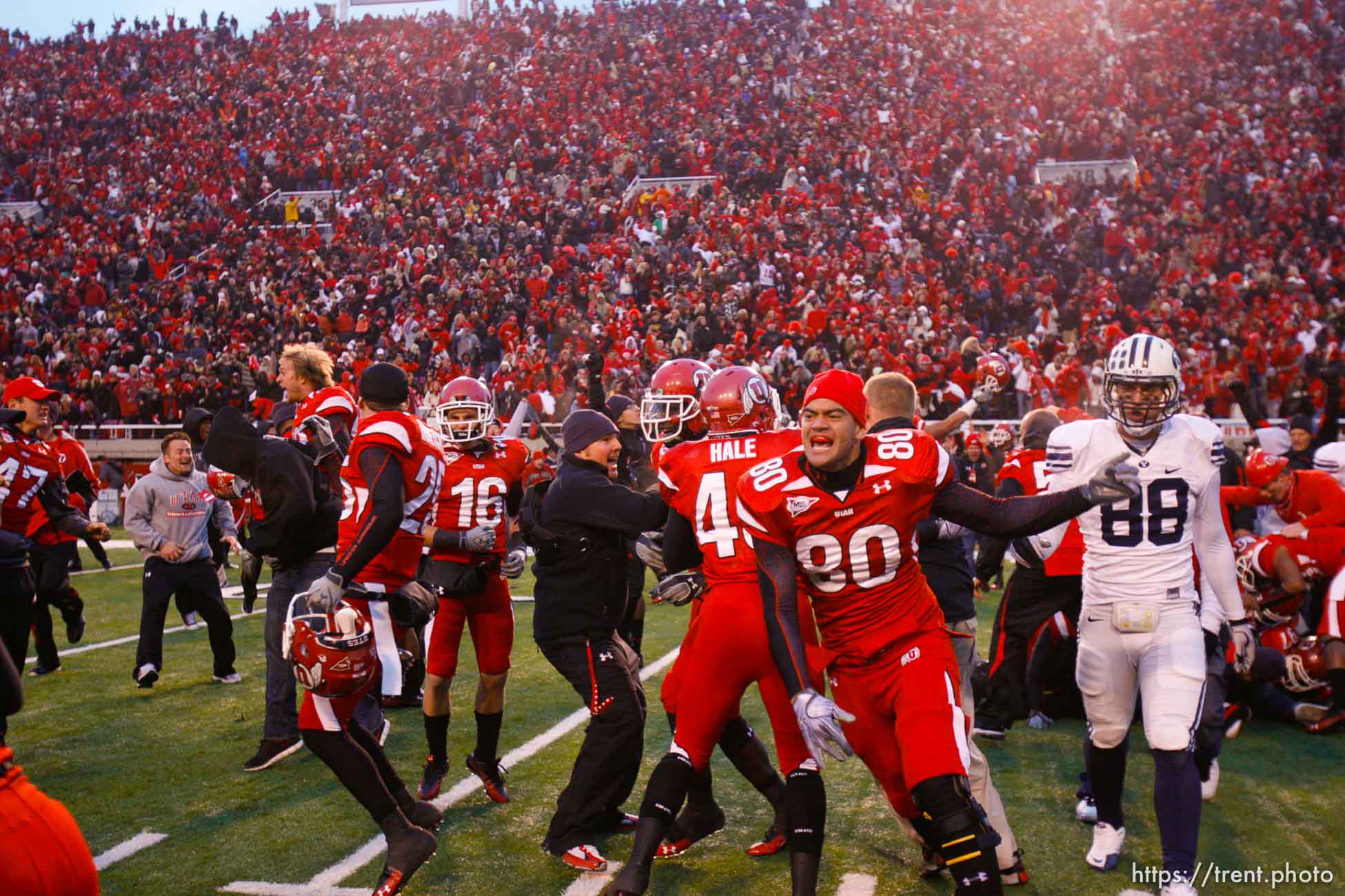 Trent Nelson  |  The Salt Lake Tribune

Fans flood the field after the Utes beat BYU on a blocked field goal attempt at Rice-Eccles Stadium Saturday, November 27, 2010. The final score was Utah 17-BYU 16.