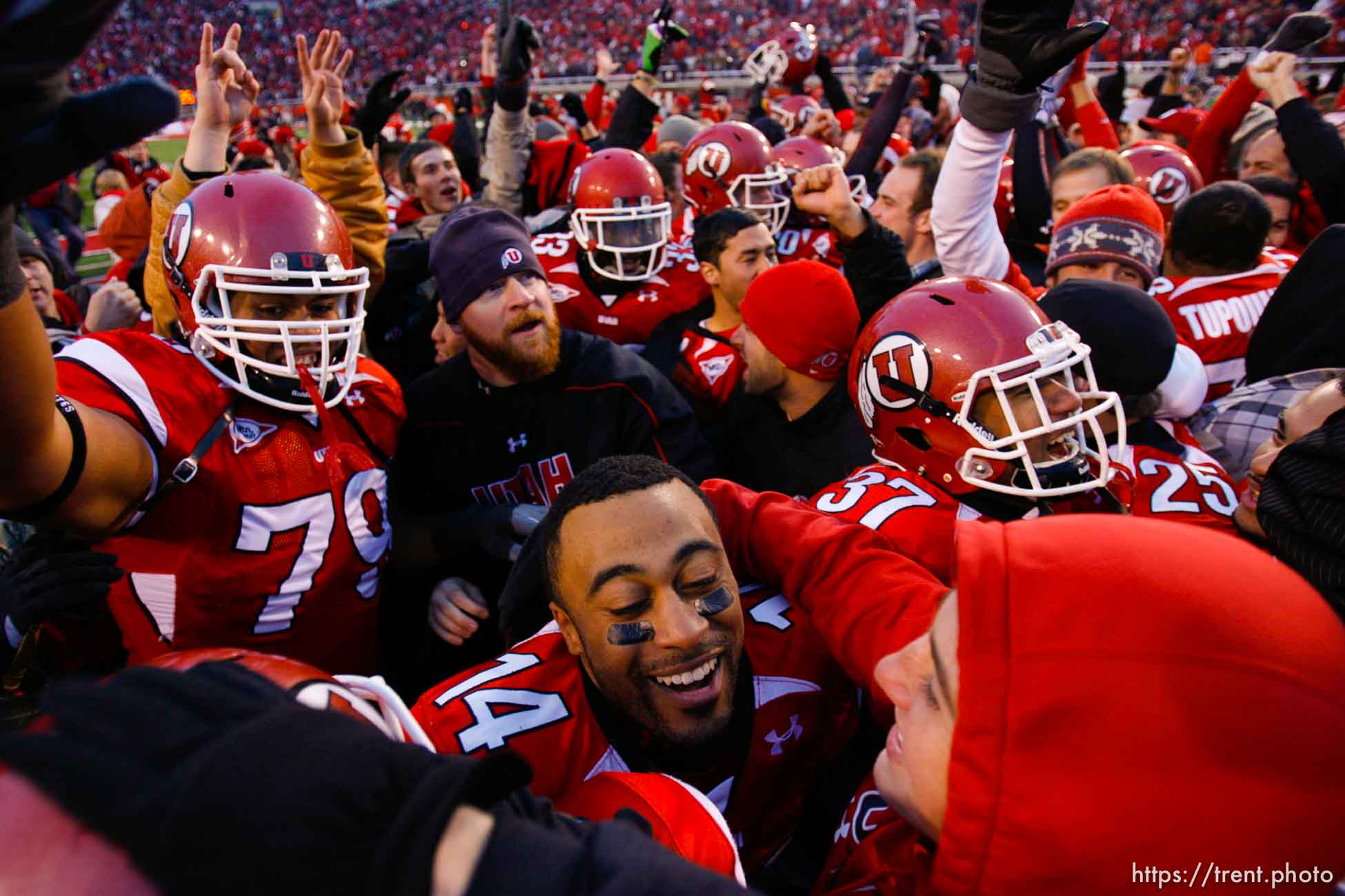 Trent Nelson  |  The Salt Lake Tribune

Fans flood the field after the Utes beat BYU on a blocked field goal attempt at Rice-Eccles Stadium Saturday, November 27, 2010. The final score was Utah 17-BYU 16.