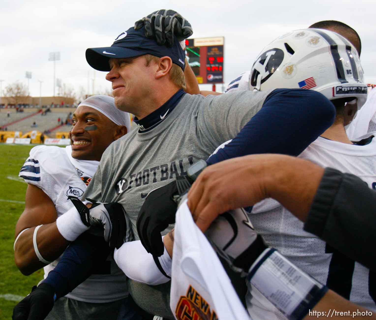 Trent Nelson  |  The Salt Lake Tribune
BYU coach Bronco Mendenhall, BYU defensive back Brian Logan (7) BYU receiver Matt Marshall (19) as BYU defeats UTEP in the New Mexico Bowl, college football Saturday, December 18, 2010 in Albuquerque, New Mexico.