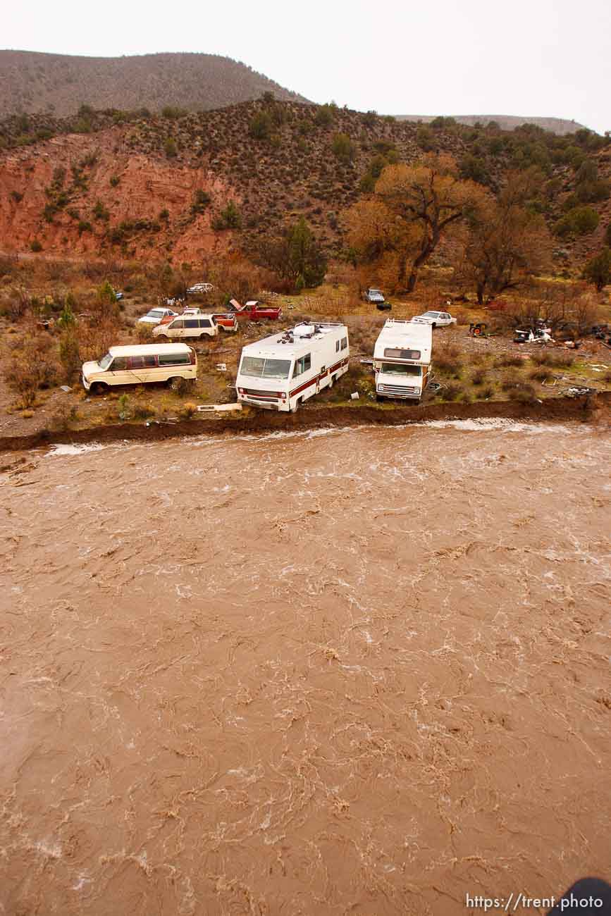 Trent Nelson  |  The Salt Lake Tribune
Recreational vehicles in a precarious position on the edge of Beaver Dam Wash in Motoqua, Utah, Wednesday, December 22, 2010.