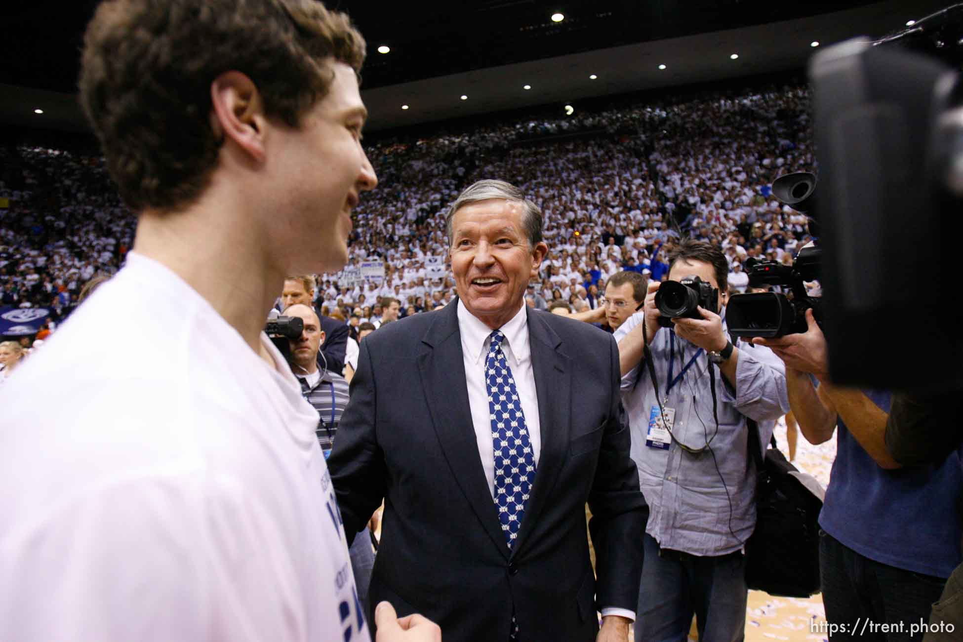 Trent Nelson  |  The Salt Lake Tribune
BYU's Jimmer Fredette and BYU president Cecil Samuelson as BYU hosts Wyoming, college basketball in Provo, Utah, Saturday, March 5, 2011. boyd ivey