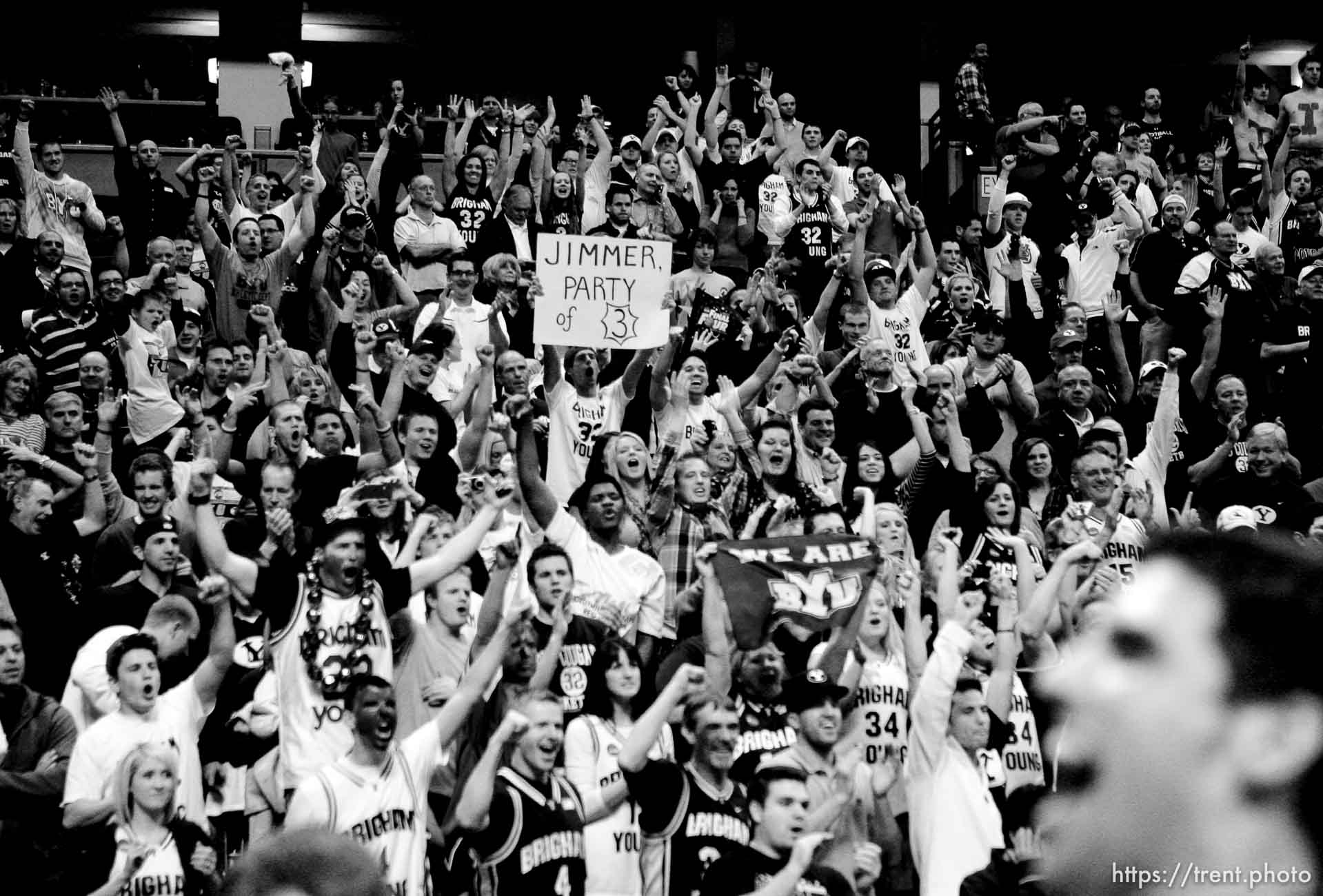 BYU fans celebrate as BYU defeats Gonzaga in the NCAA Tournament, men's college basketball at the Pepsi Center in Denver, Colorado, Saturday, March 19, 2011, earning a trip to the Sweet 16.