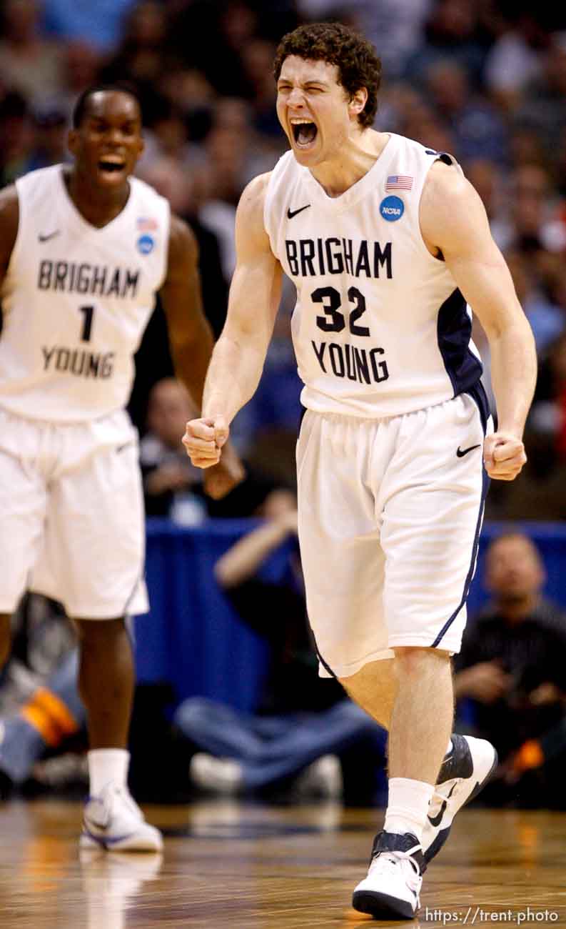 BYU's Jimmer Fredette celebrates as BYU defeats Gonzaga in the NCAA Tournament, men's college basketball at the Pepsi Center in Denver, Colorado, Saturday, March 19, 2011, earning a trip to the Sweet 16.