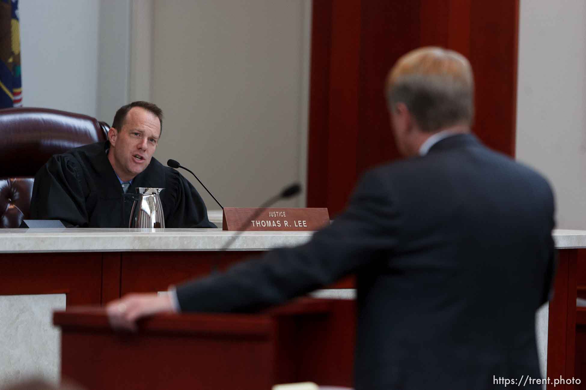 Trent Nelson  |  The Salt Lake Tribune
Utah Supreme Court Justice Thomas Lee questions attorney Rod Parker, as the court heard arguments in Salt Lake City, Utah, Tuesday, April 12, 2011, on cases involving the FLDS Church's United Effort Plan (UEP) land trust.