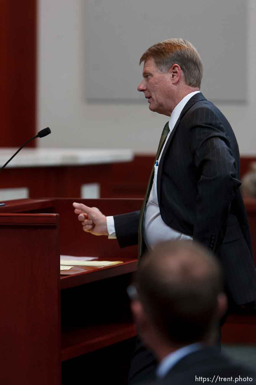 Trent Nelson  |  The Salt Lake Tribune
Attorney Rod Parker addresses the Utah Supreme Court, who heard arguments in Salt Lake City, Utah, Tuesday, April 12, 2011, on cases involving the FLDS Church's United Effort Plan (UEP) land trust.