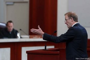 Trent Nelson  |  The Salt Lake Tribune
Attorney Jeff Shields addresses the Utah Supreme Court, who heard arguments in Salt Lake City, Utah, Tuesday, April 12, 2011, on cases involving the FLDS Church's United Effort Plan (UEP) land trust.