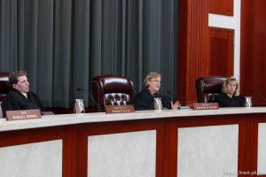 Trent Nelson  |  The Salt Lake Tribune
Utah Supreme Court Justices Matthew Durrant, Chief Justice Christine Durham and Jill Parrish heard arguments in Salt Lake City, Utah, Tuesday, April 12, 2011, on cases involving the FLDS Church's United Effort Plan (UEP) land trust.