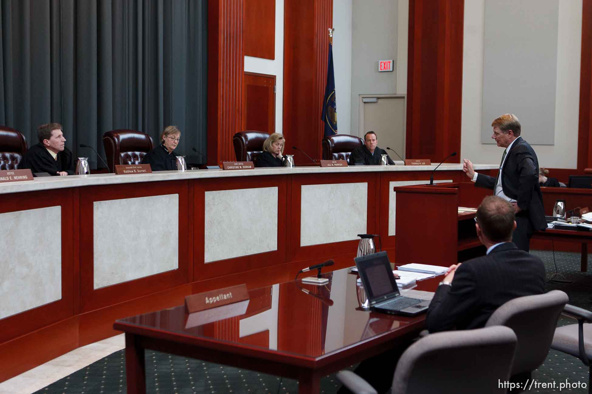 Trent Nelson  |  The Salt Lake Tribune
Attorney Rod Parker addresses the Utah Supreme Court, who heard arguments in Salt Lake City, Utah, Tuesday, April 12, 2011, on cases involving the FLDS Church's United Effort Plan (UEP) land trust.