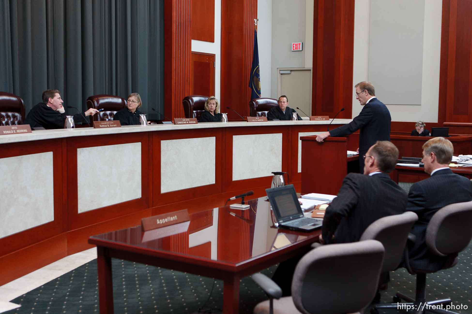 Trent Nelson  |  The Salt Lake Tribune
Attorney Jeff Shields addresses the Utah Supreme Court, who heard arguments in Salt Lake City, Utah, Tuesday, April 12, 2011, on cases involving the FLDS Church's United Effort Plan (UEP) land trust.