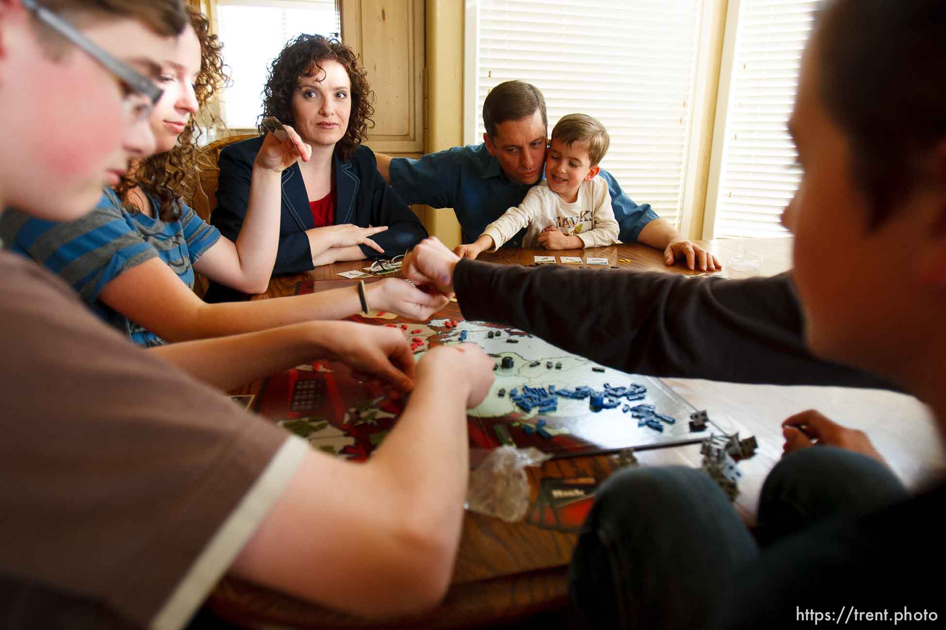 Trent Nelson  |  The Salt Lake Tribune
New Utah State Senator Aaron Osmond, at right, playing a game of Risk with his family in South Jordan, Utah, Friday, May 6, 2011. Left right, Osmond's son Daniel, daughter Madalyn, wife Nancy, Osmond, son Jackson and son Jameson.