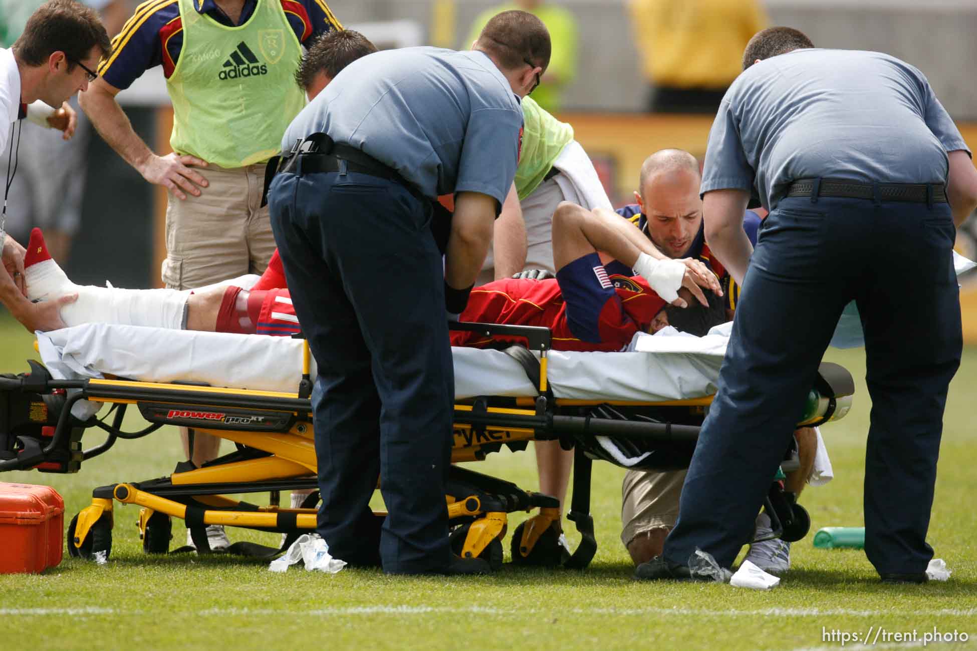 Trent Nelson  |  The Salt Lake Tribune
Real Salt Lake's Javier Morales is taken from the field after a horrific injury. Real Salt Lake vs. Chivas US, MLS Soccer at Rio Tinto Stadium in Sandy, Utah, Saturday, May 7, 2011.