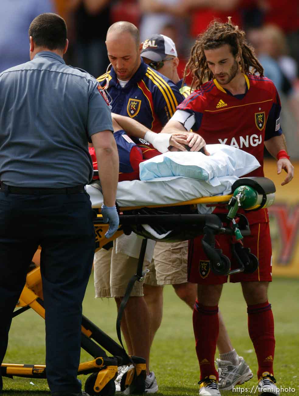 Trent Nelson  |  The Salt Lake Tribune
Real Salt Lake's Kyle Beckerman offers a hand of support to injured teammate Javier Morales. Real Salt Lake vs. Chivas US, MLS Soccer at Rio Tinto Stadium in Sandy, Utah, Saturday, May 7, 2011.