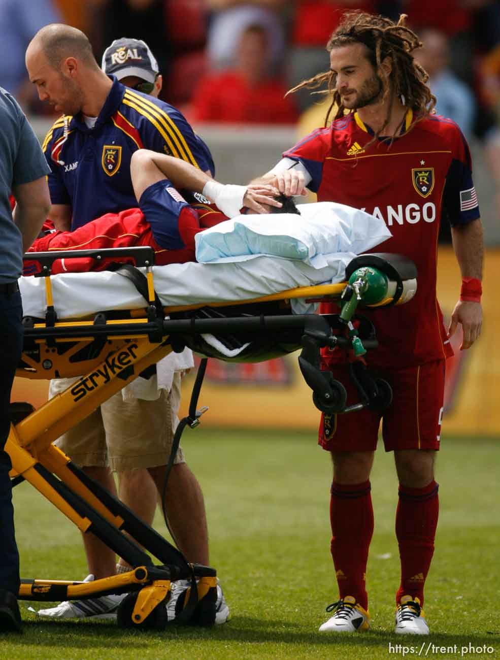 Trent Nelson  |  The Salt Lake Tribune
Real Salt Lake's Kyle Beckerman offers a hand of support to injured teammate Javier Morales. Real Salt Lake vs. Chivas US, MLS Soccer at Rio Tinto Stadium in Sandy, Utah, Saturday, May 7, 2011.