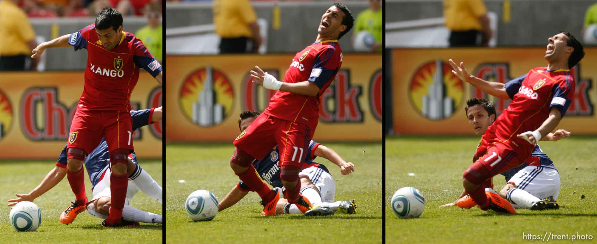 Trent Nelson  |  The Salt Lake Tribune
Real Salt Lake's Javier Morales is tripped up by Chivas USA's Marcos Mondaini, resulting in a shattered ankle. Real Salt Lake vs. Chivas US, MLS Soccer at Rio Tinto Stadium in Sandy, Utah, Saturday, May 7, 2011.