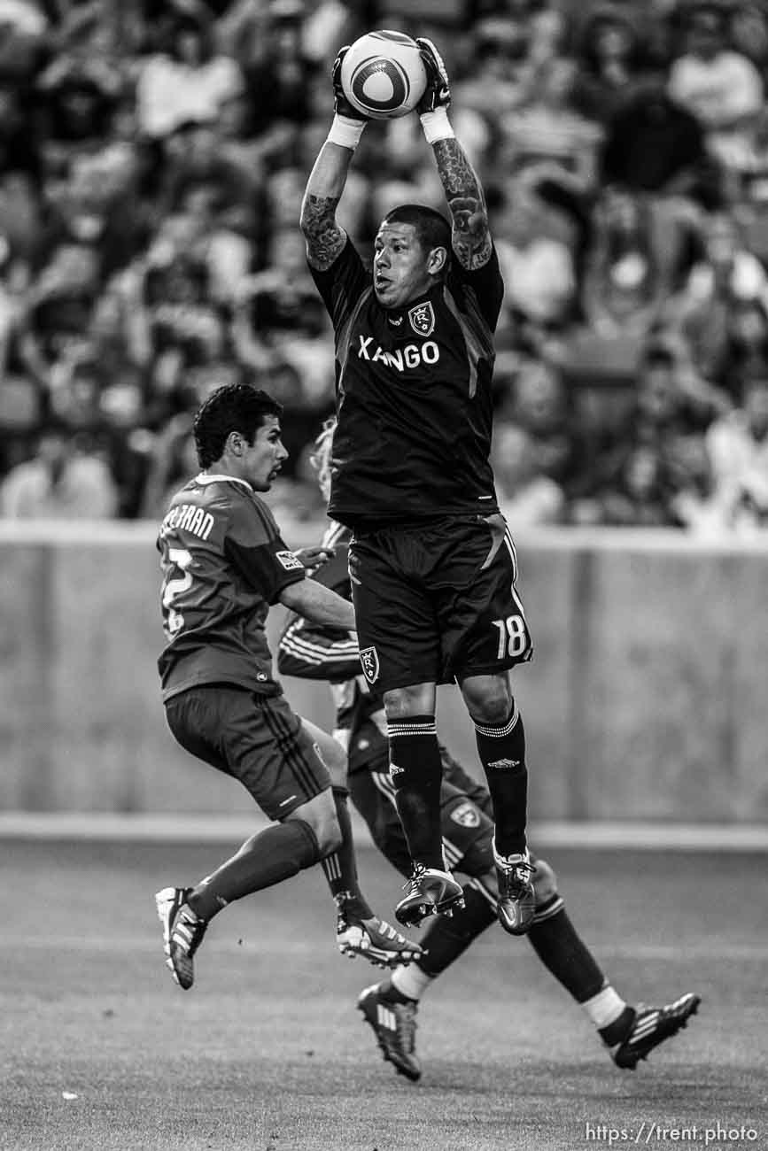 Trent Nelson  |  The Salt Lake Tribune
RSL goalkeeper Nick Rimando leaps up for the ball, Real Salt Lake vs. FC Dallas at Rio Tinto Stadium in Sandy, Utah, Saturday, July 9, 2011