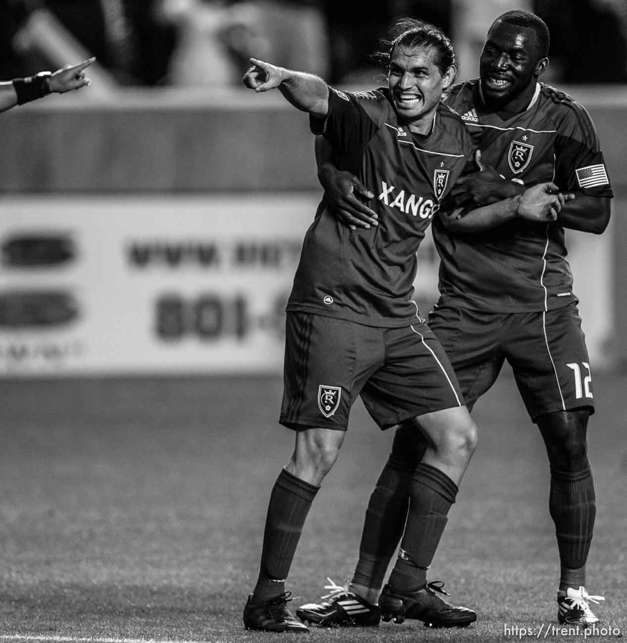 Trent Nelson  |  The Salt Lake Tribune
RSL's Fabian Espindola, left, celebrates his late goal with teammate Jean Alexandre. Real Salt Lake vs. FC Dallas at Rio Tinto Stadium in Sandy, Utah, Saturday, July 9, 2011