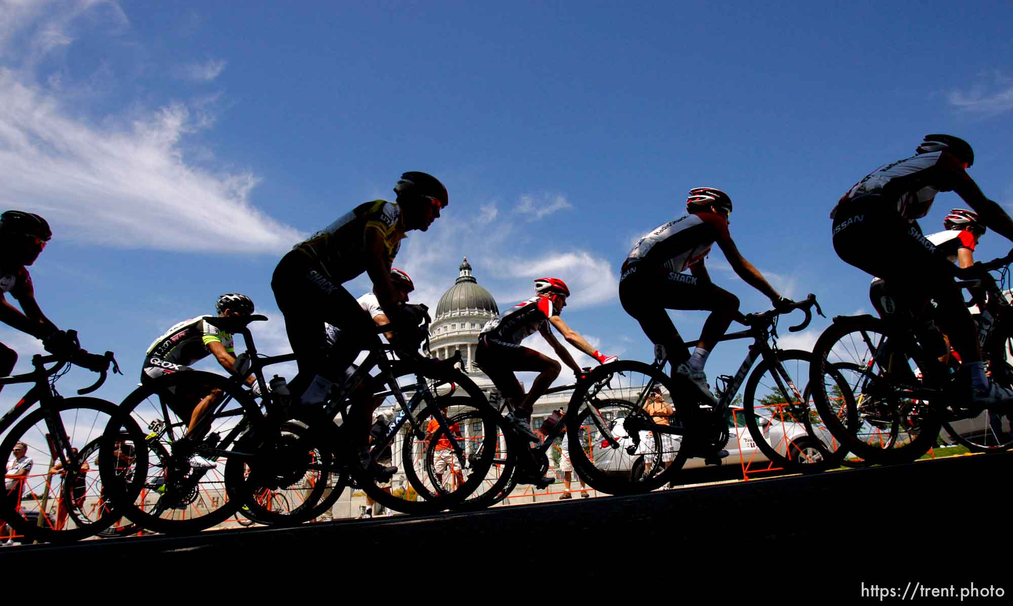 Trent Nelson  |  The Salt Lake Tribune
Race leader Levi Leipheimer (in yellow jersey) and others in the peloton pass the state capitol building during Stage 4 of the Tour of Utah in Salt Lake City, Utah, Saturday, August 13, 2011.