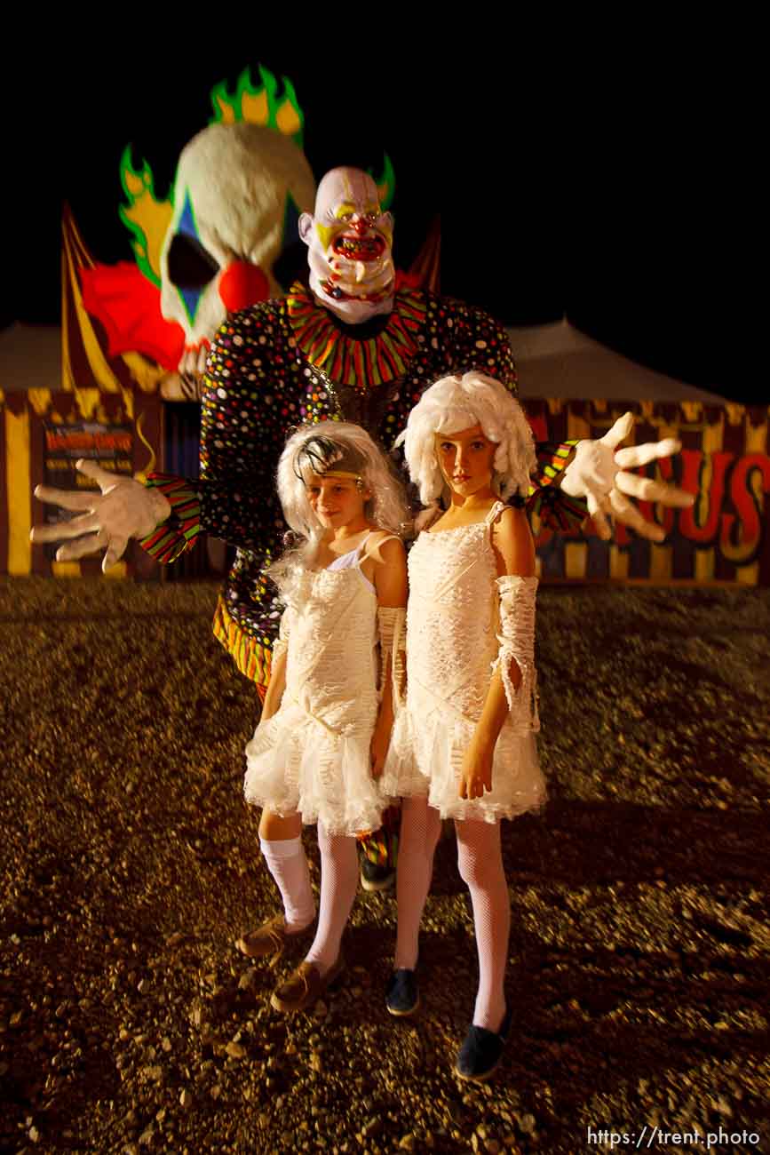 Trent Nelson  |  The Salt Lake Tribune
Bella Thornton and Elle Wilbern are two tightrope walkers who had an accident at the Strangling Brothers Haunted Circus in Draper, Utah, Friday, September 16, 2011. Strangling Brothers has 23 custom designed tractor-trailers, each with a different experience and innovative lighting and sound environments.