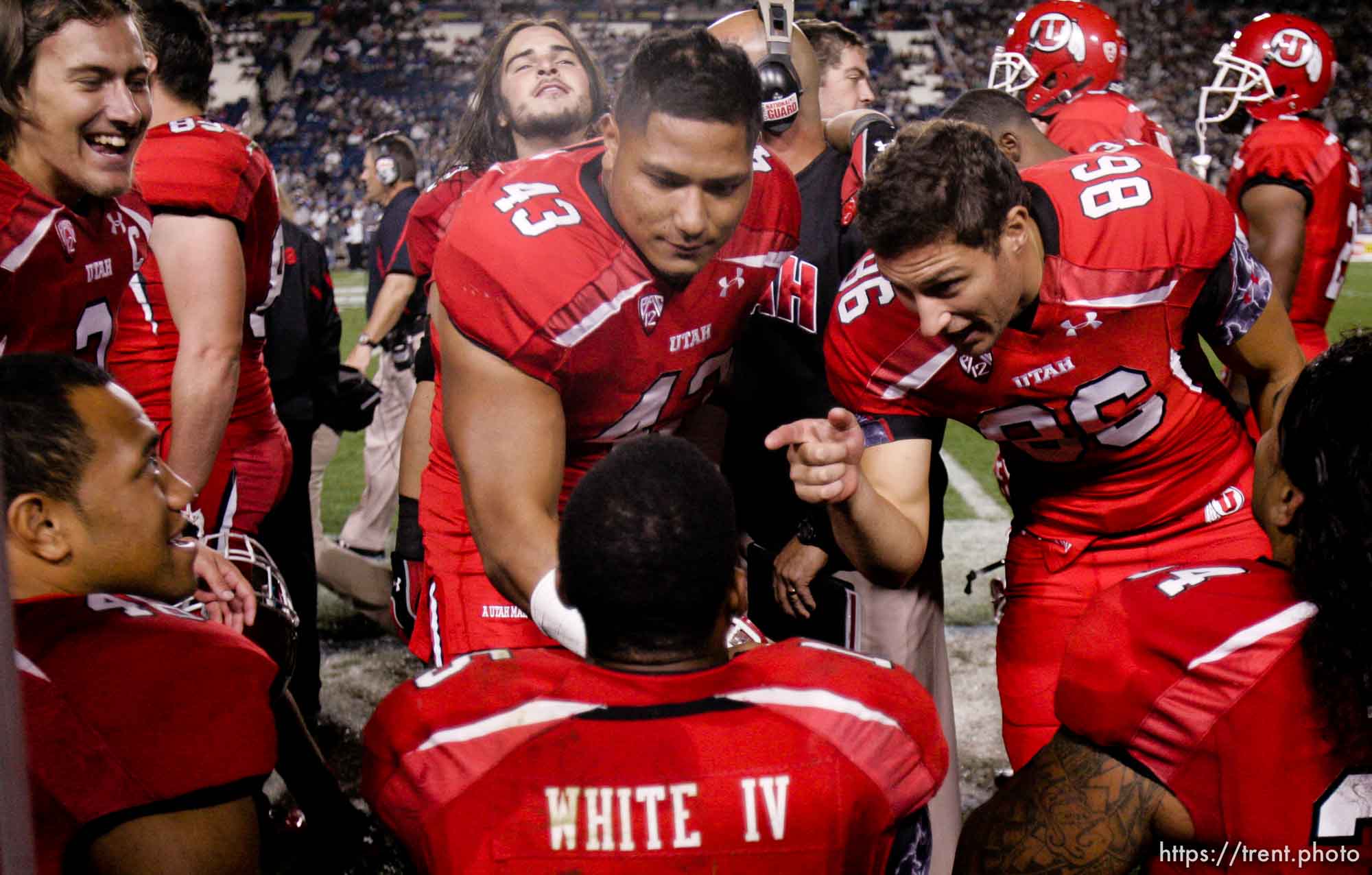 Trent Nelson  |  The Salt Lake Tribune
BYU vs. Utah, college football in Provo, Utah, Saturday, September 17, 2011. Utah quarterback Jordan Wynn (3)  Utah's Lei Talamaivao  Utah running back John White (15)  Utah's Sean Sellwood  Utah's Shawn Asiata