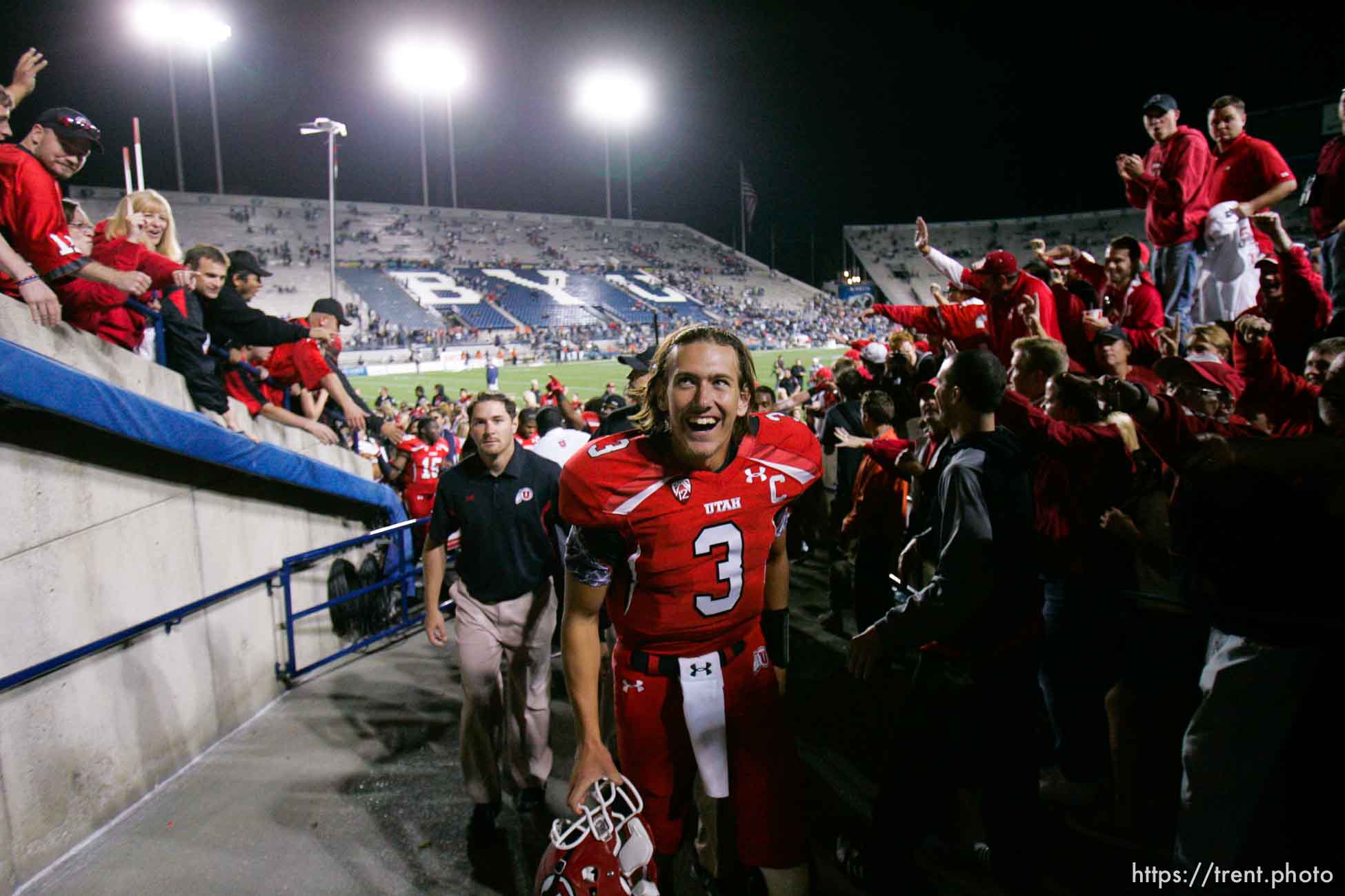 Trent Nelson  |  The Salt Lake Tribune
BYU vs. Utah, college football in Provo, Utah, Saturday, September 17, 2011. utes celebrate win, Utah quarterback Jordan Wynn (3)