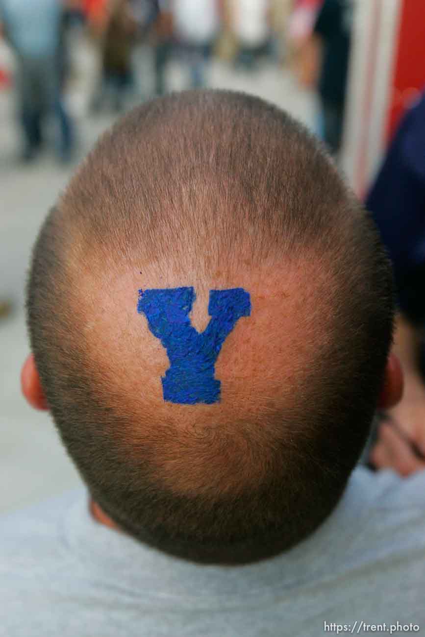 Trent Nelson | The Salt Lake Tribune
byu fan with bald spot. BYU vs. Utah college football at Lavell Edwards Stadium in Provo, Utah September 17, 2011.