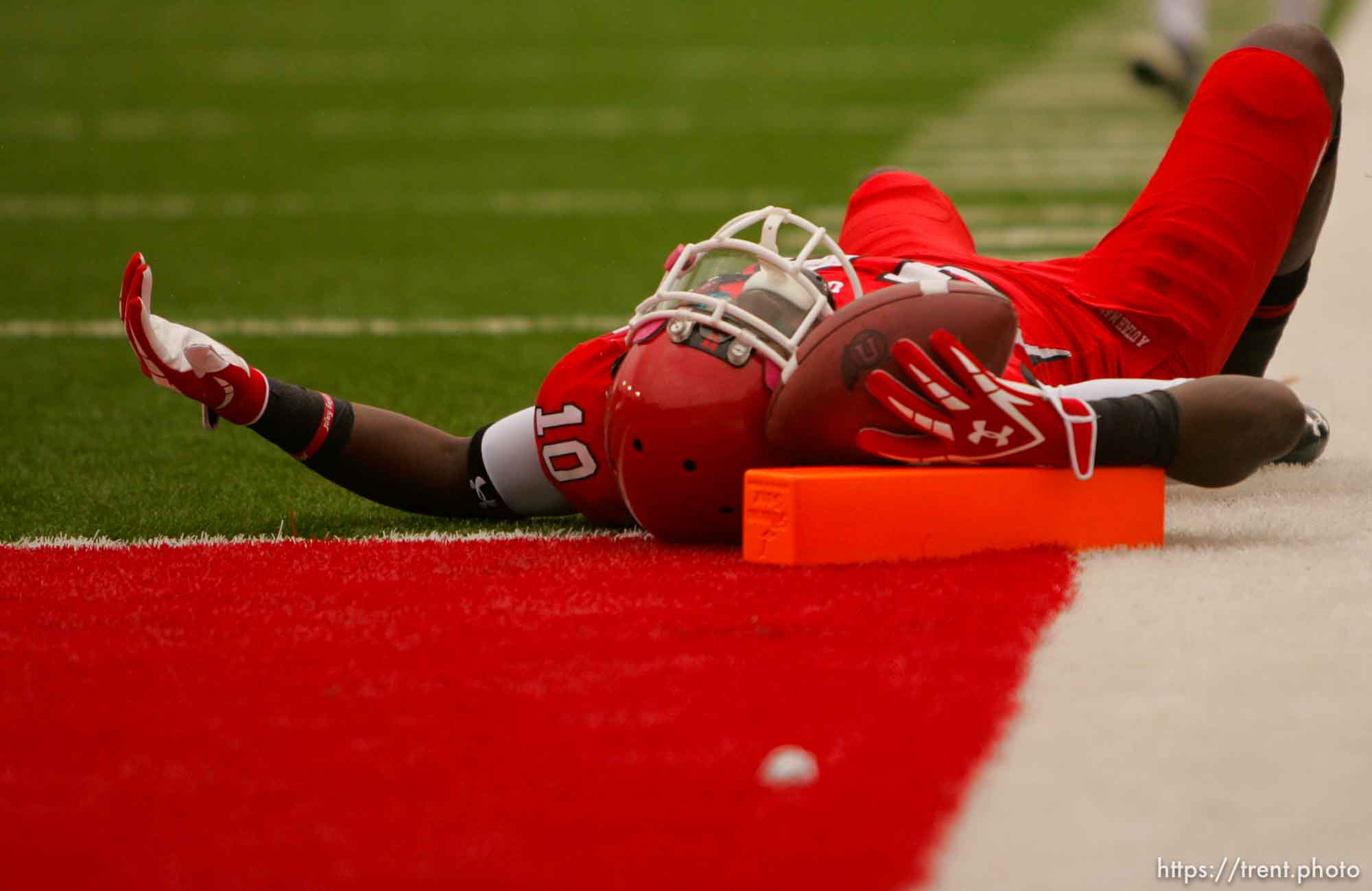 Trent Nelson  |  The Salt Lake Tribune
Utah receiver DeVonte Christopher prone near the end zone, where he was brought down on a long run that was called back on a penalty, Utah vs. Arizona State, college football at Rice-Eccles Stadium in Salt Lake City, Utah, Saturday, October 8, 2011.