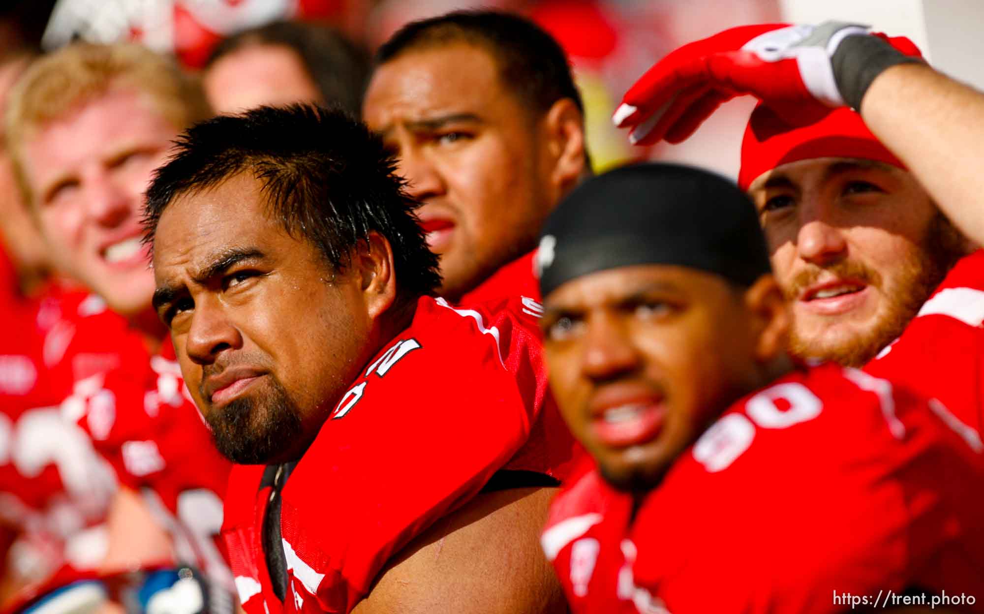 Trent Nelson  |  The Salt Lake Tribune
Utah players on the sideline as Arizona State takes a 27-14 lead in  the second half, Utah vs. Arizona State, college football at Rice-Eccles Stadium in Salt Lake City, Utah, Saturday, October 8, 2011. Left to right, Joe Kruger, Star Lotulelei, James Aiono, Derrick Shelby, Trevor Reilly.