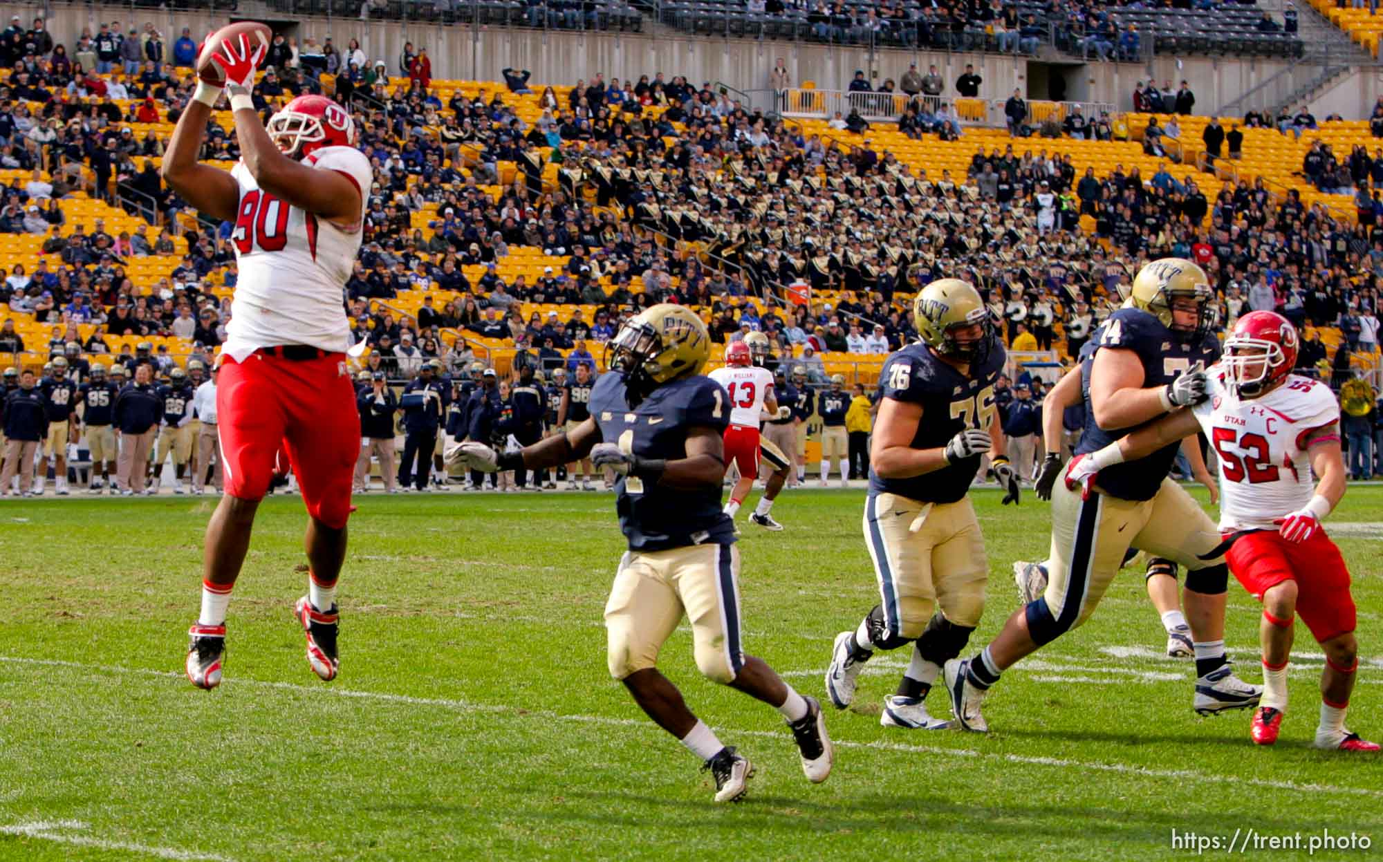 Trent Nelson  |  The Salt Lake Tribune
Utah's Derrick Shelby pulls down an interception and dives into the end zone for a second half touchdown. Utah vs. Pitt, college football at Heinz Field Stadium in Pittsburgh, Pennsylvania, Saturday, October 15, 2011.