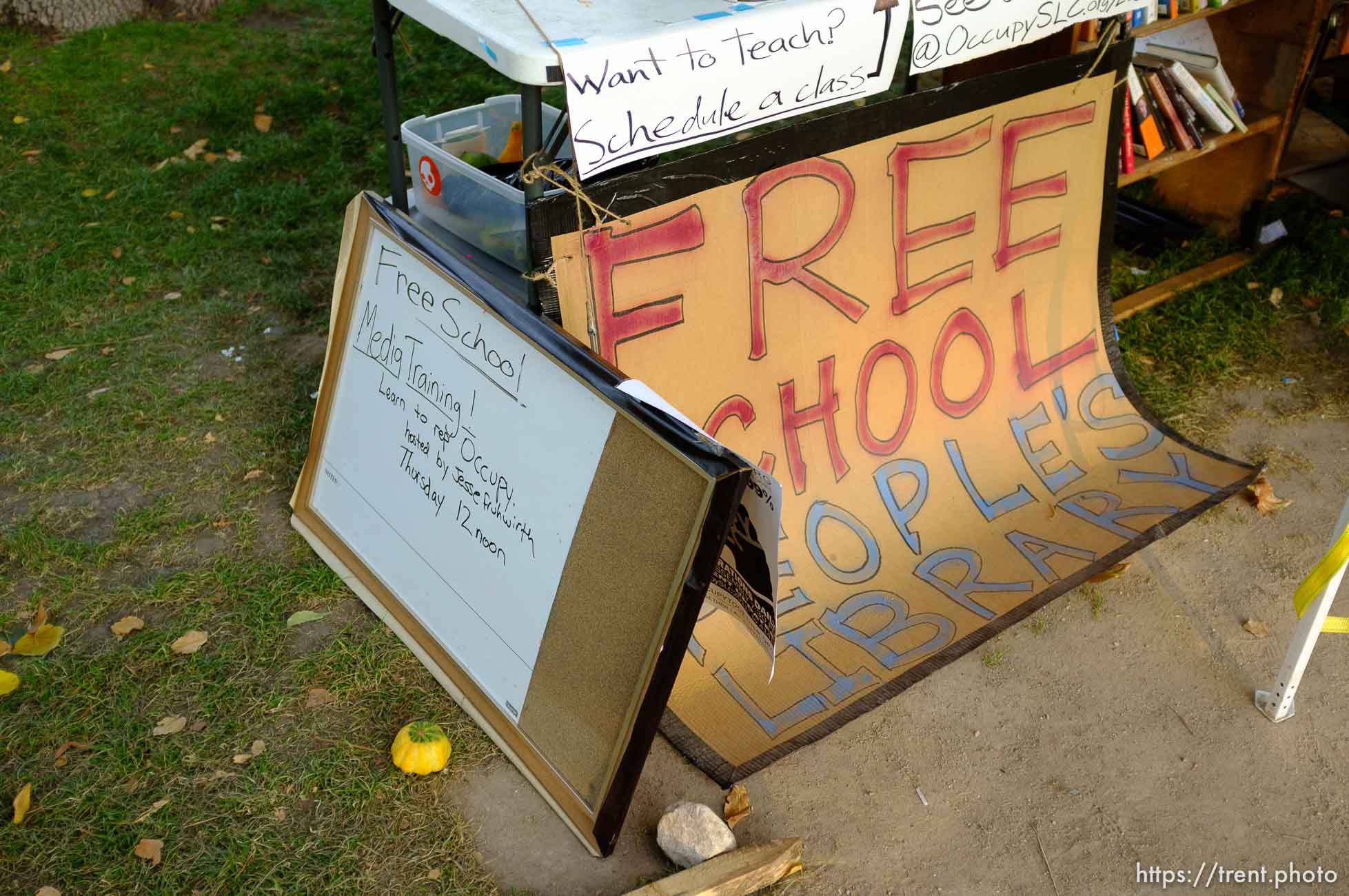 free school and media training signs, at Occupy Salt Lake, in Salt Lake City, Utah, Wednesday, October 26, 2011.