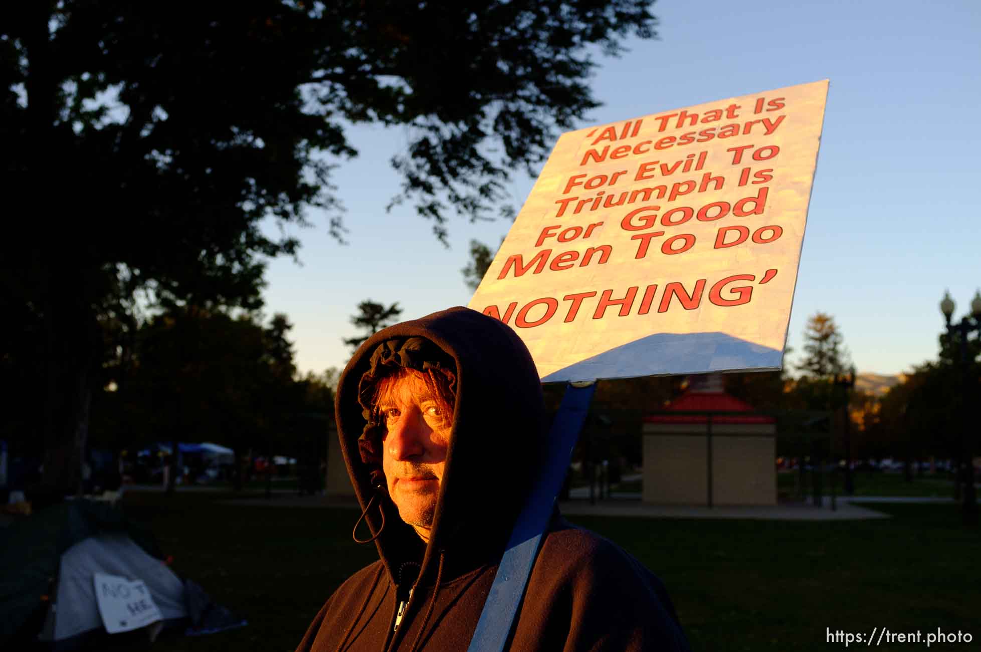 Trent Nelson  |  The Salt Lake Tribune
Edward Swift prepares to march in Pioneer Park. About two dozen protesters with Occupy Salt Lake marched from Pioneer Park to the Public Safety Building in Salt Lake City, Utah on Wednesday, October 26, 2011. They lit candles to show appreciation for the Salt Lake City police, but to protest the actions of the police in Oakland (California).