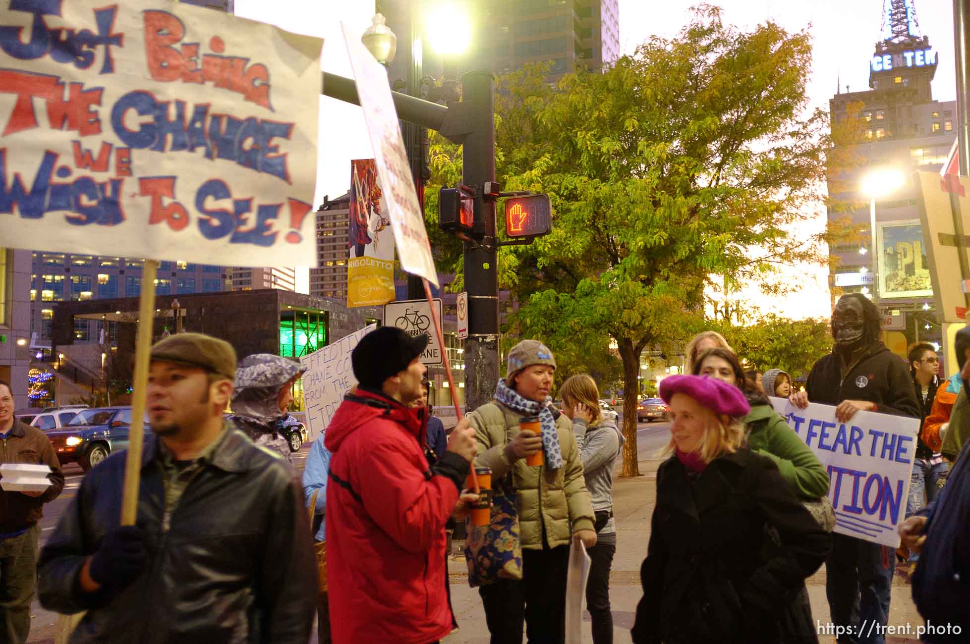 Trent Nelson  |  The Salt Lake Tribune
About two dozen protesters with Occupy Salt Lake marched from Pioneer Park to the Public Safety Building in Salt Lake City, Utah on Wednesday, October 26, 2011. They lit candles to show appreciation for the Salt Lake City police, but to protest the actions of the police in Oakland (California).