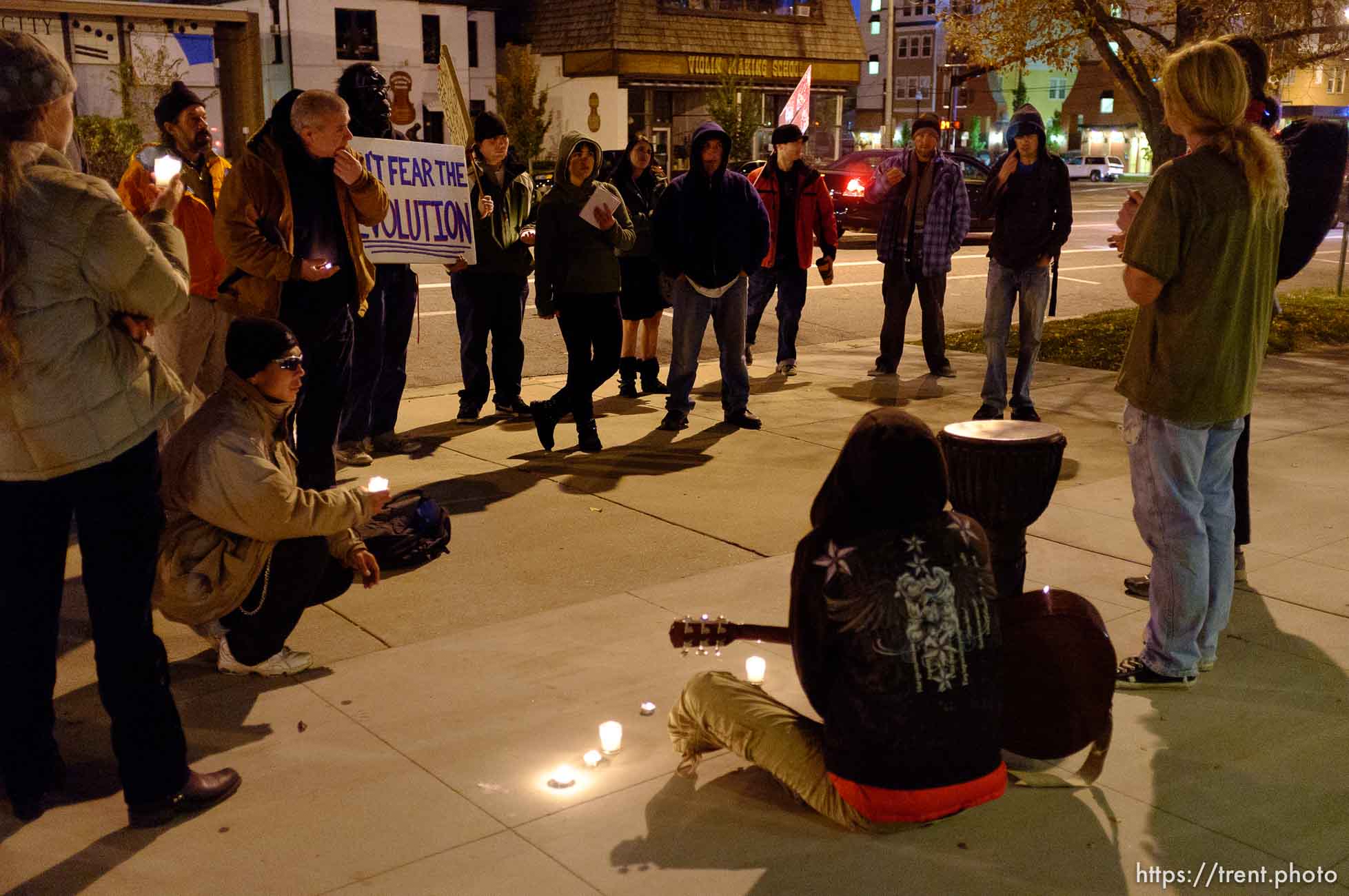 Trent Nelson  |  The Salt Lake Tribune
About two dozen protesters with Occupy Salt Lake marched from Pioneer Park to the Public Safety Building in Salt Lake City, Utah on Wednesday, October 26, 2011. They lit candles to show appreciation for the Salt Lake City police, but to protest the actions of the police in Oakland (California).