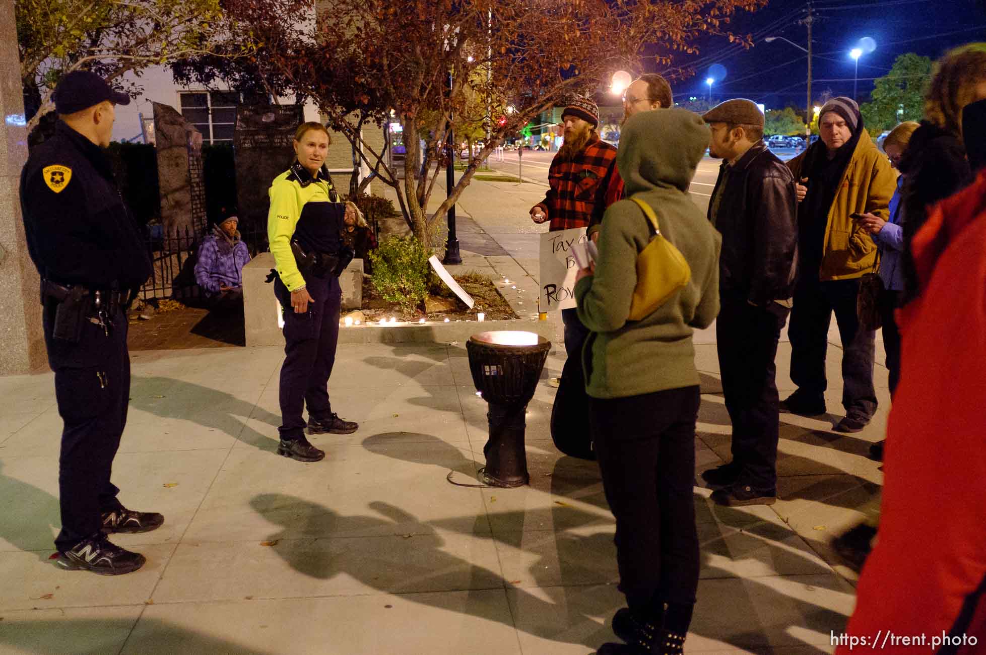 Trent Nelson  |  The Salt Lake Tribune
About two dozen protesters with Occupy Salt Lake marched from Pioneer Park to the Public Safety Building in Salt Lake City, Utah on Wednesday, October 26, 2011. They lit candles to show appreciation for the Salt Lake City police, but to protest the actions of the police in Oakland (California).