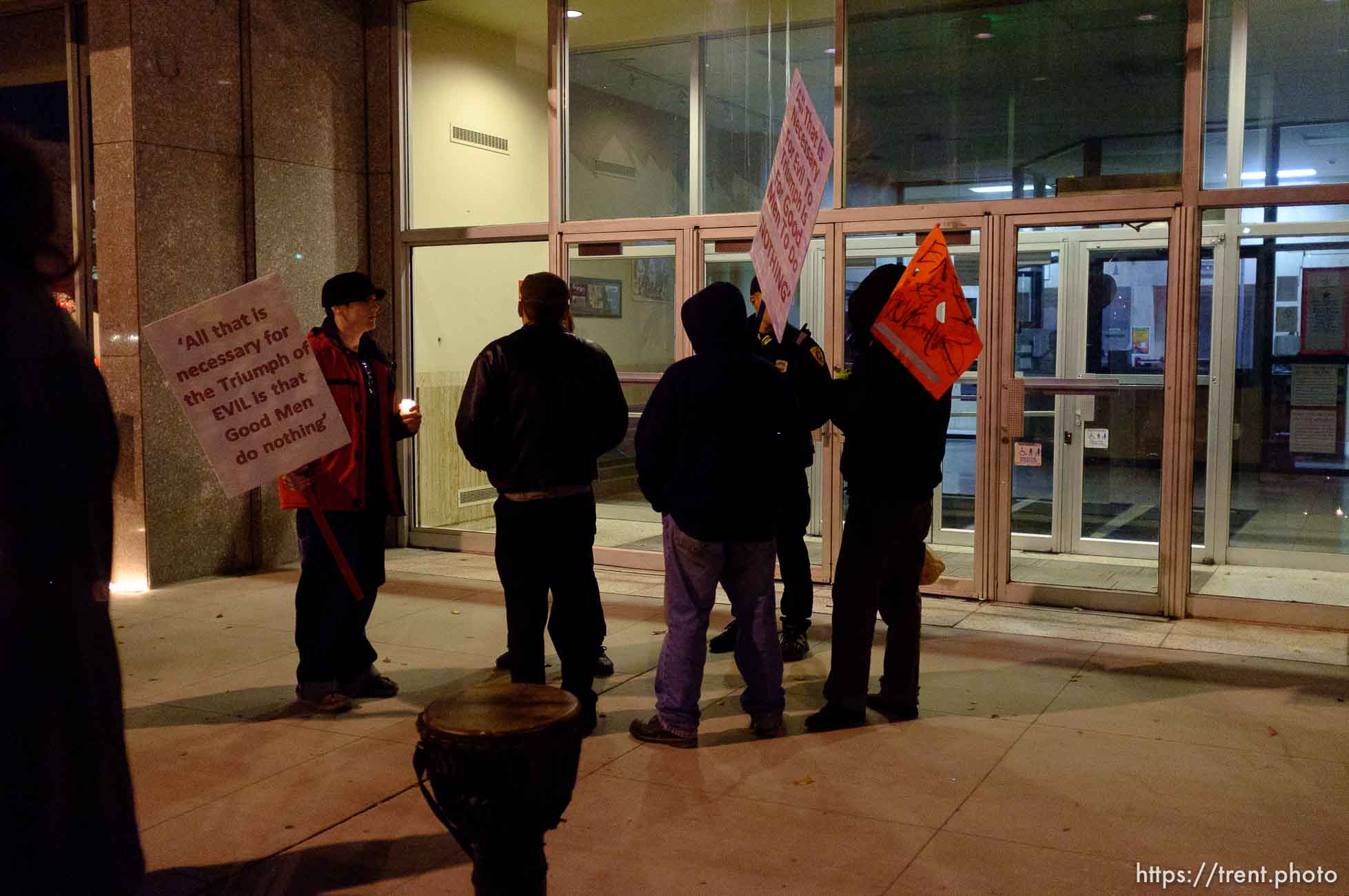 Trent Nelson  |  The Salt Lake Tribune
About two dozen protesters with Occupy Salt Lake marched from Pioneer Park to the Public Safety Building in Salt Lake City, Utah on Wednesday, October 26, 2011. They lit candles to show appreciation for the Salt Lake City police, but to protest the actions of the police in Oakland (California).