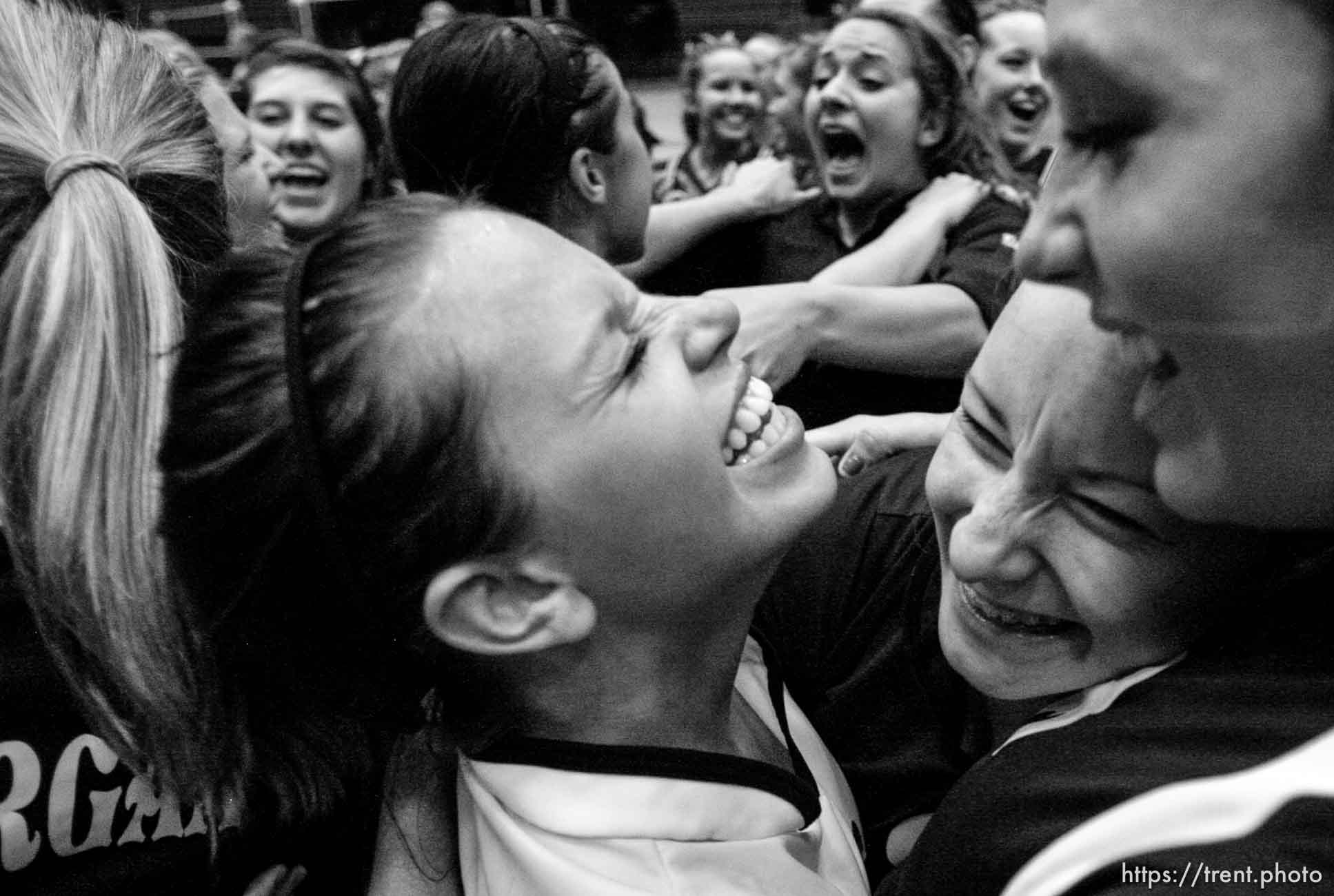 Trent Nelson  |  The Salt Lake Tribune
Morgan's Jaesee Dye, Ashlee Gallen and Bailey Farris celebrate the championship as Morgan takes the 3A state high school volleyball championship, defeating Snow Canyon 3-0 at Utah Valley University in Orem, UT on Friday, October 28, 2011.