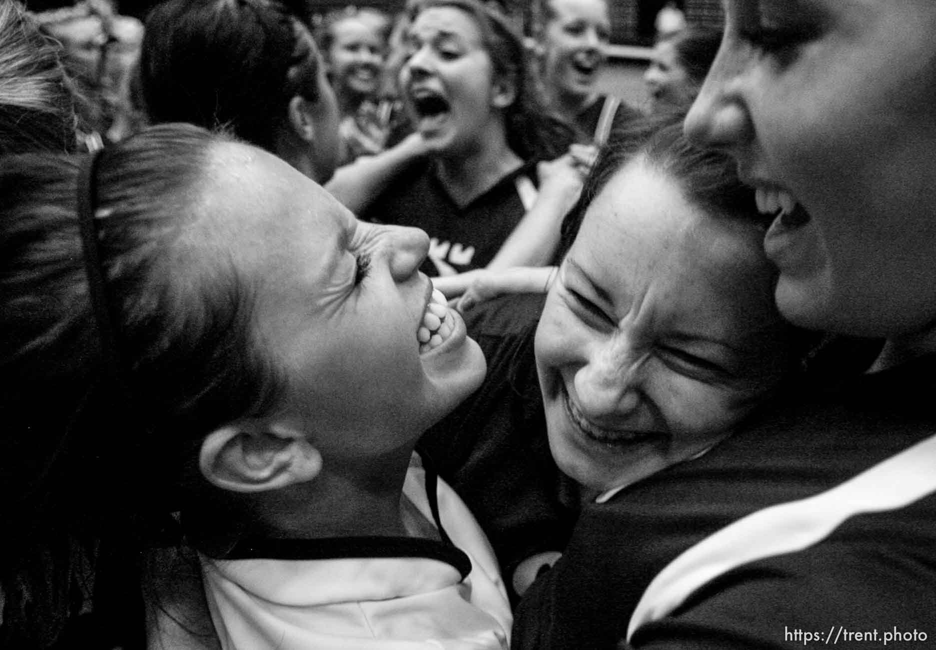 Trent Nelson  |  The Salt Lake Tribune
Morgan's Jaesee Dye, Ashlee Gallen and Bailey Farris celebrate the championship as Morgan takes the 3A state high school volleyball championship, defeating Snow Canyon 3-0 at Utah Valley University in Orem, UT on Friday, October 28, 2011.