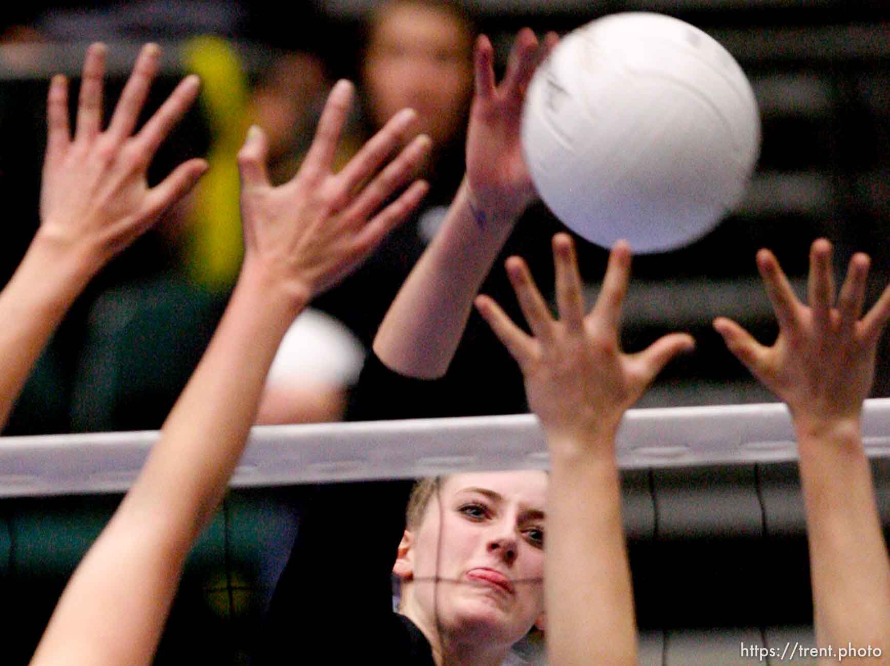 Trent Nelson  |  The Salt Lake Tribune
Rich's Lynzee Wallentine spikes the ball with Monticello's Swayzi Slade (9) and Devin Dalton on the block. Rich vs Monticello for the 1A high school State Championship at Utah Valley University in Orem, UT on Saturday, October 29, 2011.