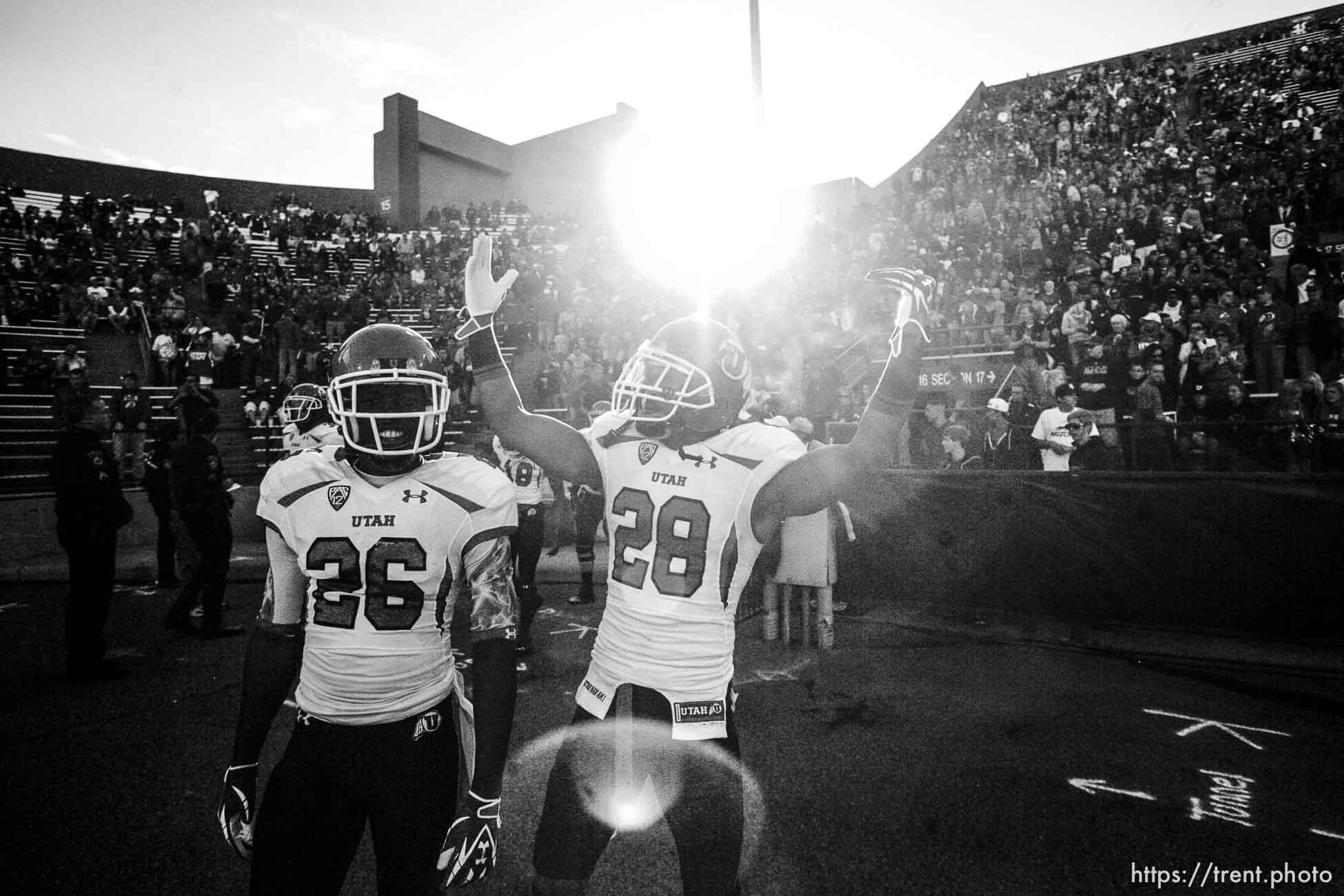 Trent Nelson  |  The Salt Lake Tribune
Ryan Lacy (26) Reggie Topps (28), pre game, as Utah faces Arizona, college football at Arizona Stadium in Tucson, Arizona, Saturday, November 5, 2011.