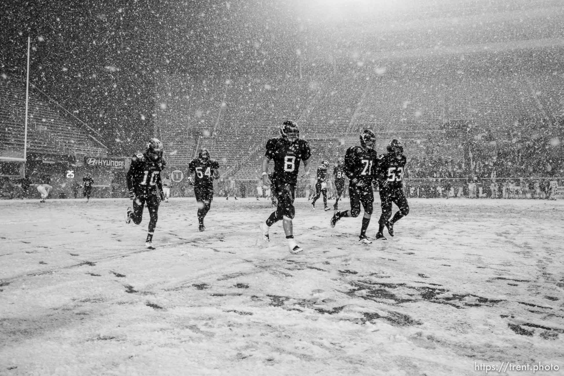 Trent Nelson  |  The Salt Lake Tribune
Hurricane's Adam Thompson, Alex Sefita, Brian Scott, Bryan Lee, Thurman Joe. Hurricane defeated Desert Hills 21-0 in the 3A State Championship high school football game at Rice-Eccles Stadium in Salt Lake City, Utah, Friday, November 18, 2011.